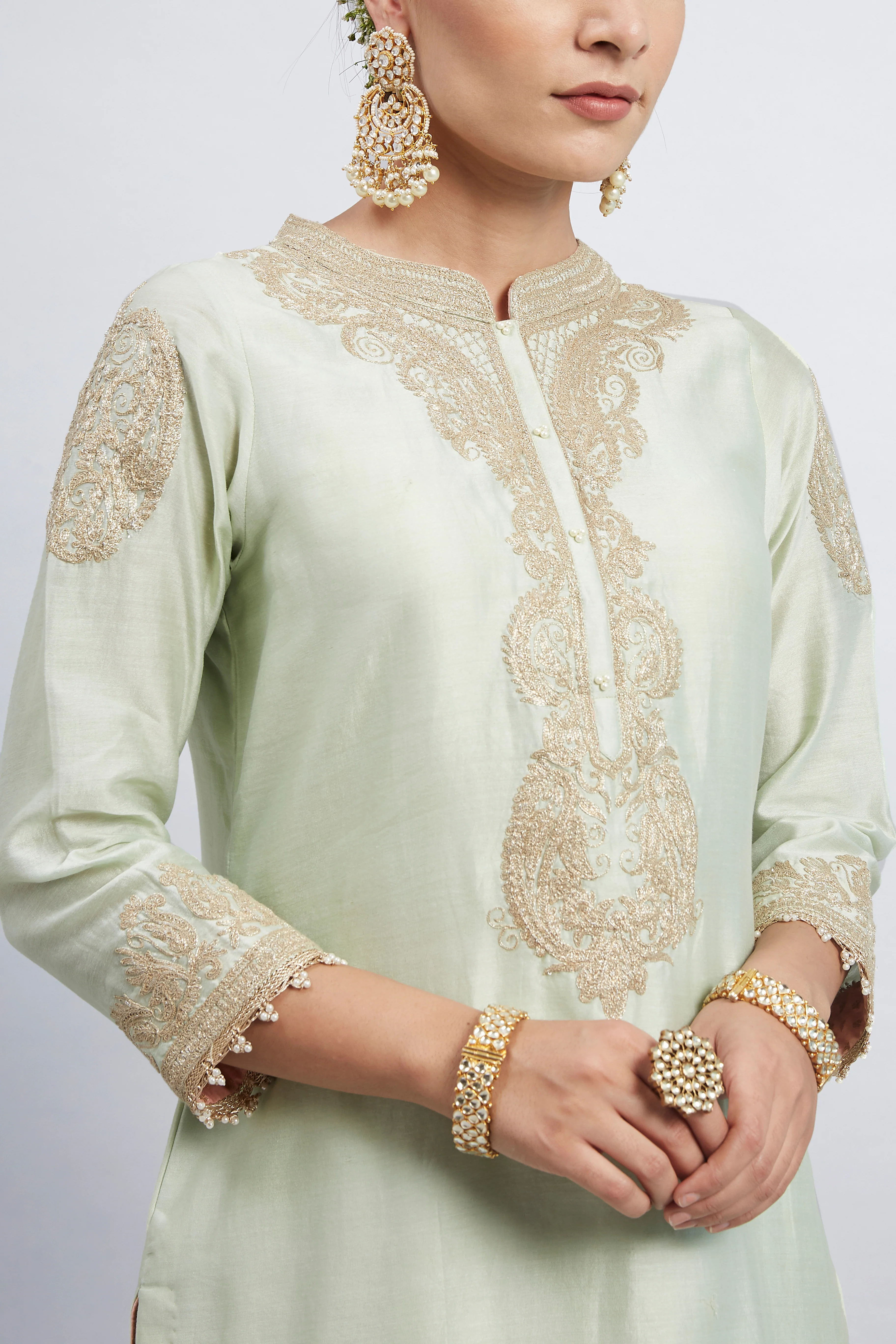 Aabisah- Mint Green Embroidered Kurta With Dhoti - Image 3