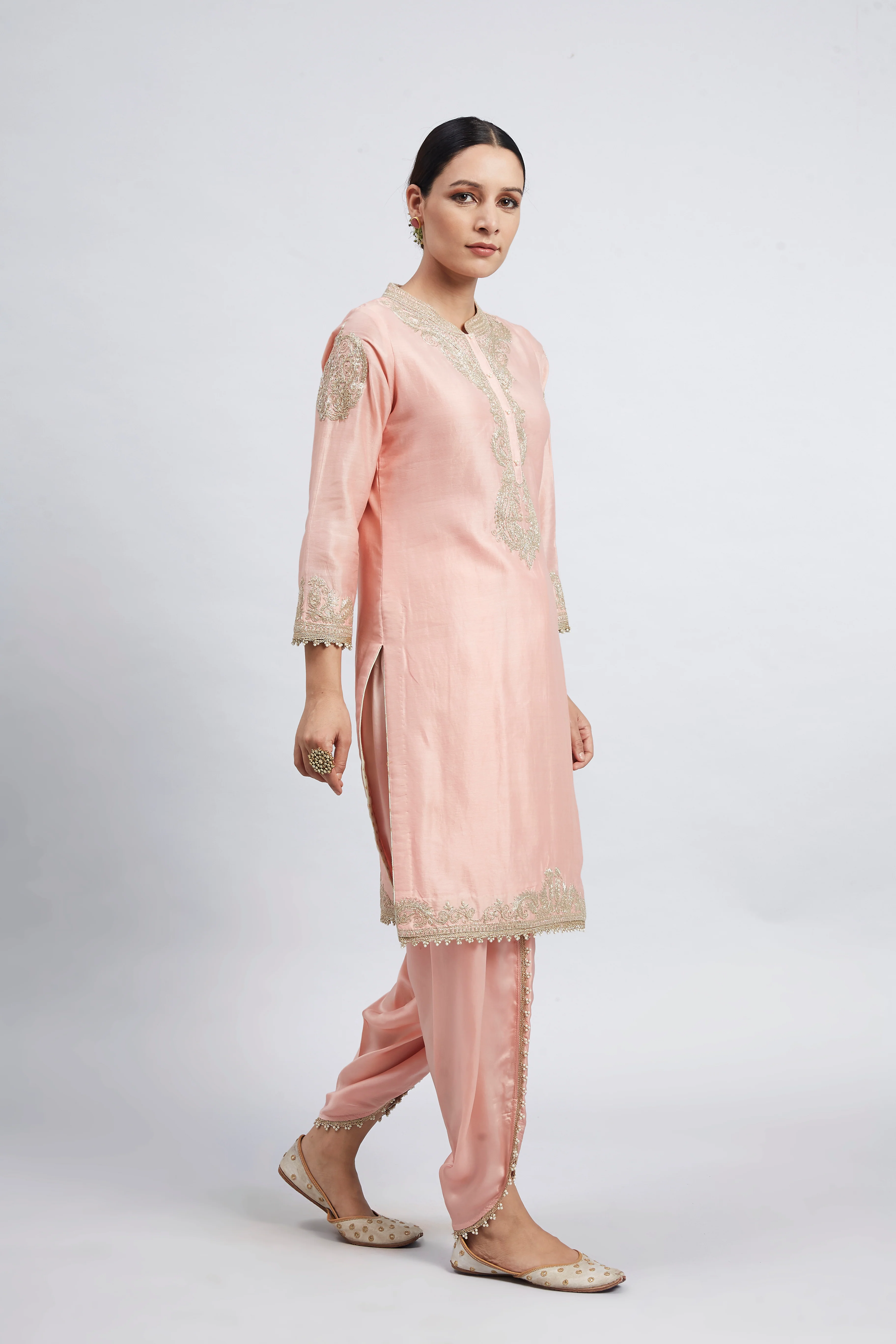 Aabisah- Carnation Pink Embroidered Kurta With Dhoti - Image 3