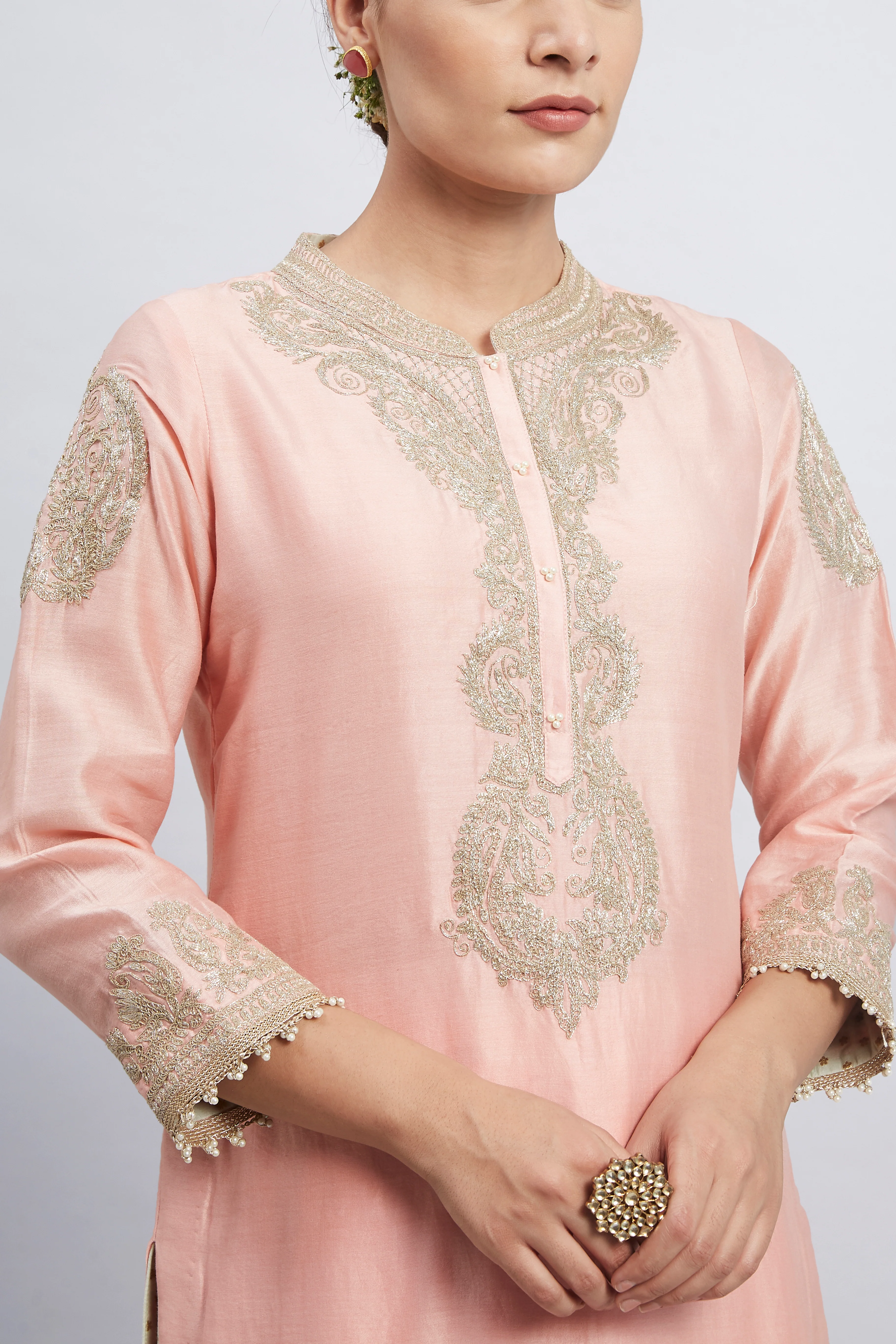 Aabisah- Carnation Pink Embroidered Kurta With Dhoti - Image 4