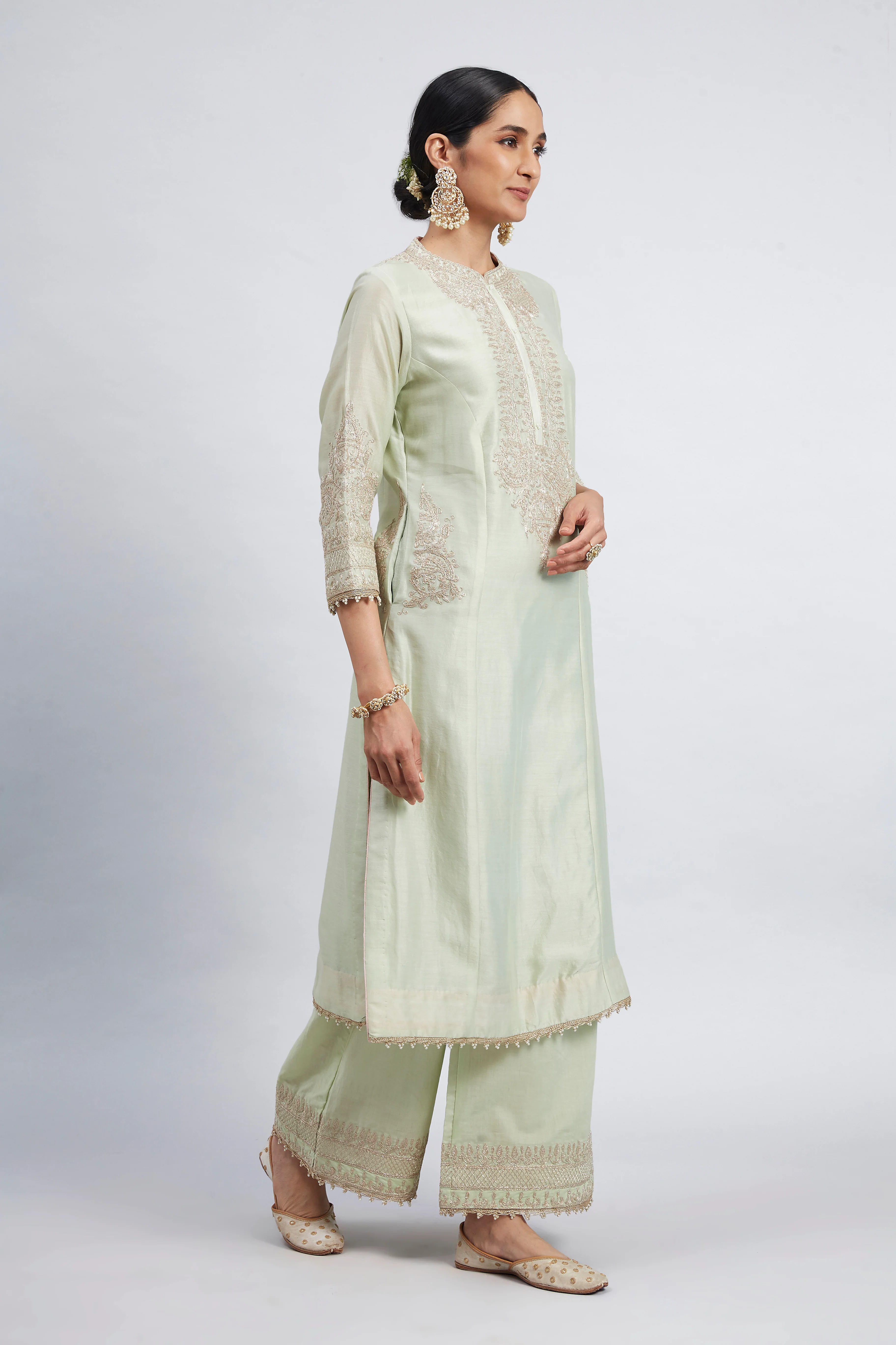 Aadah- Mint Green Embroidered Princess-Cut Kurta Set - Image 4