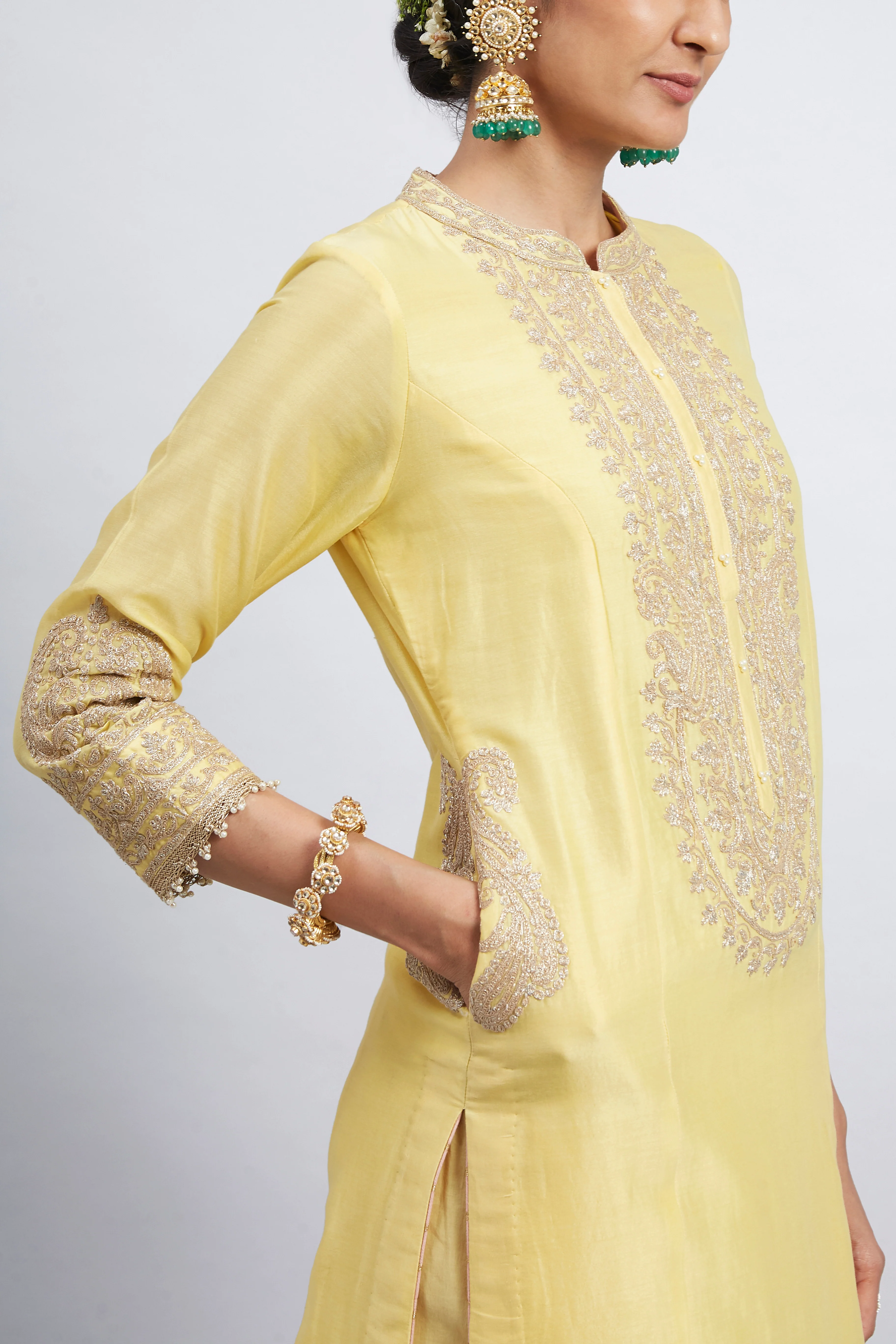 Aadirah- Daffodil Yellow Embroidered Kurta Set With Side Pockets - Image 3