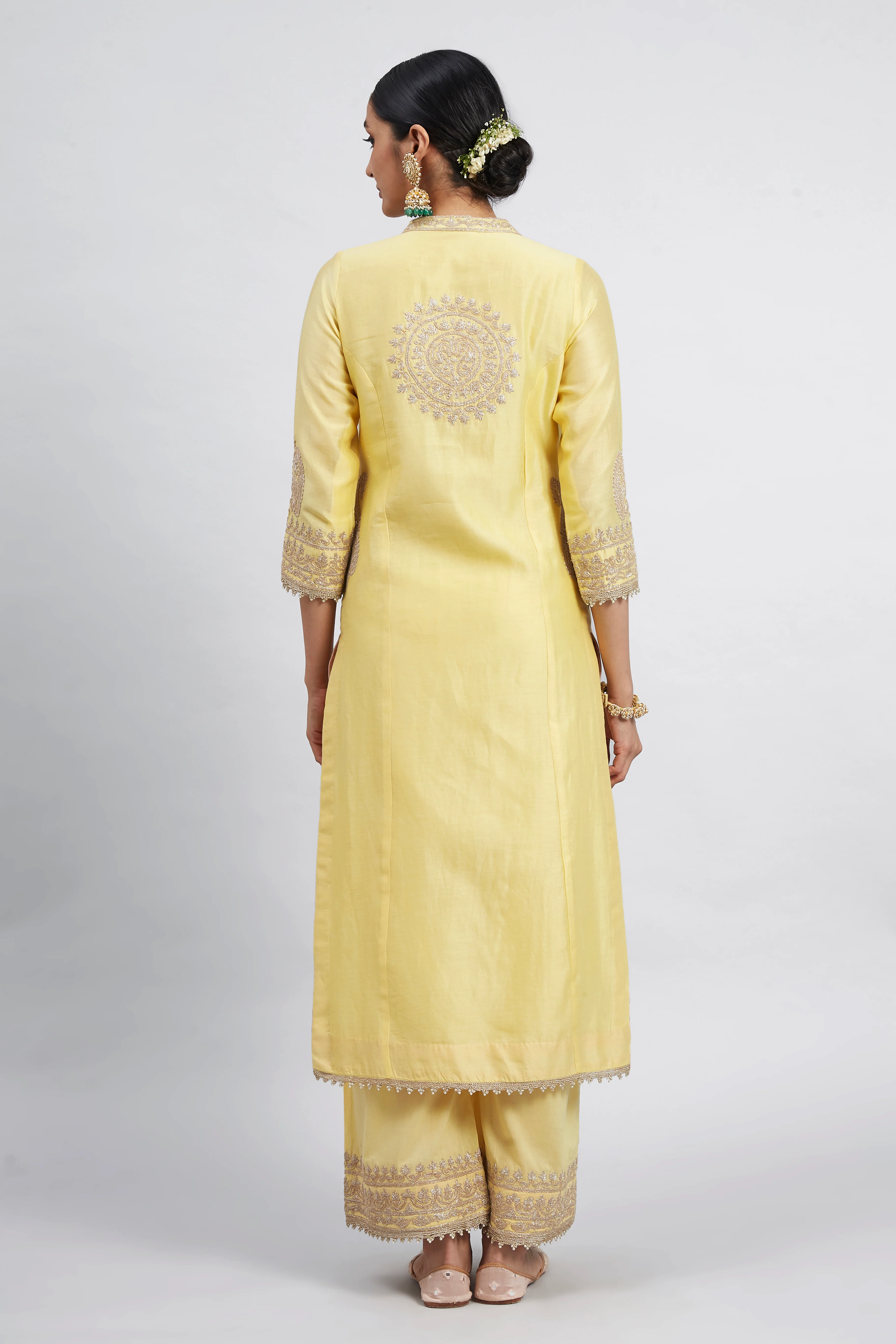 Aadirah- Daffodil Yellow Embroidered Kurta Set With Side Pockets - Image 4