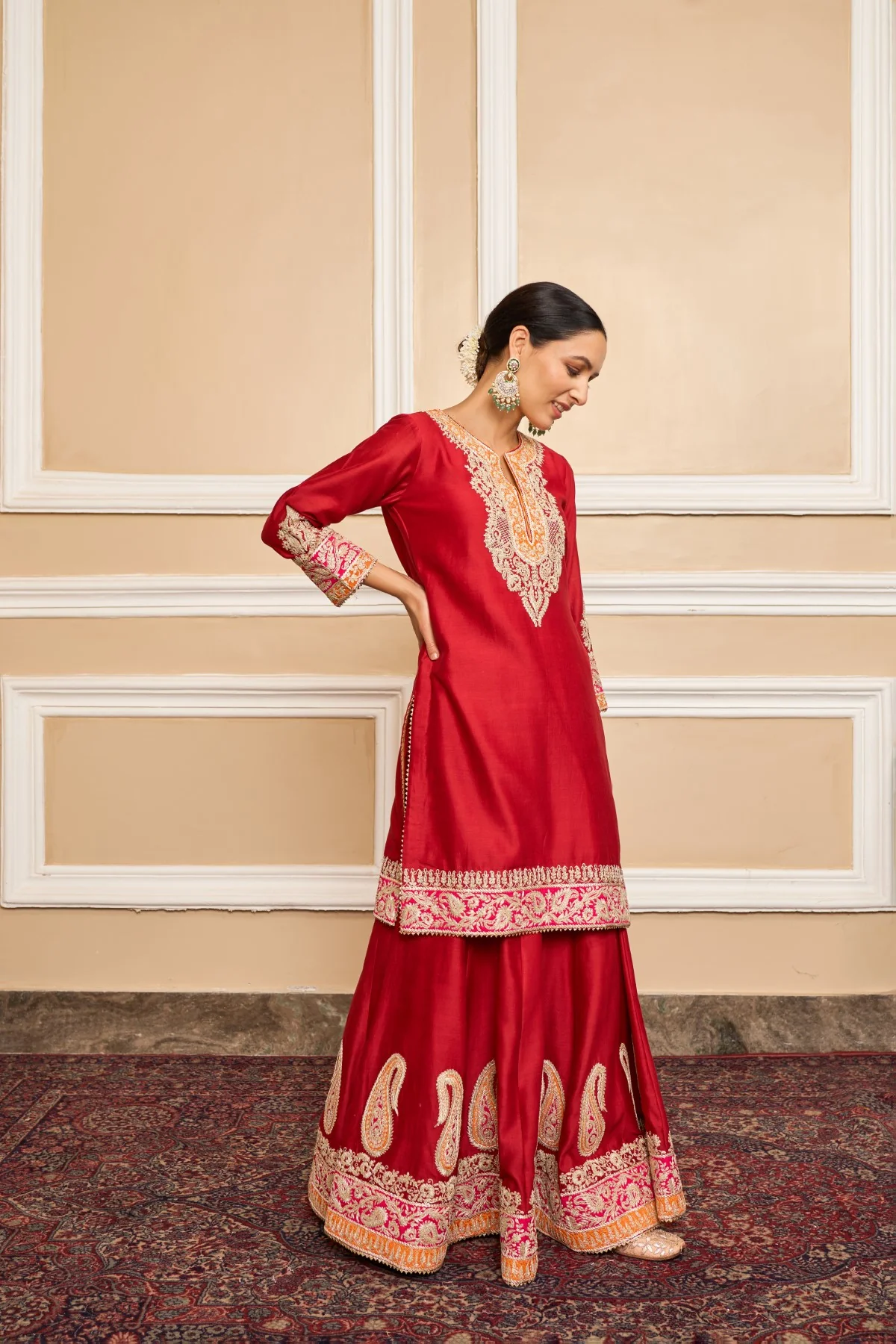 AMIRA - DEEP RED SHORT KURTA WITH SHARARA AND ODHNI - Image 4