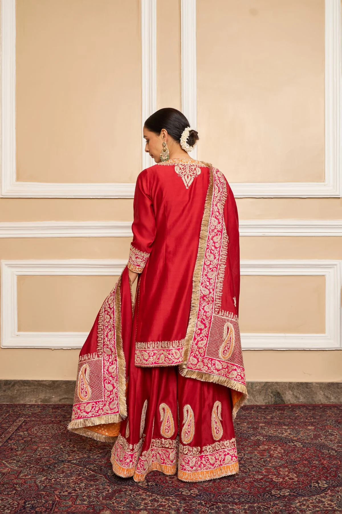 AMIRA - DEEP RED SHORT KURTA WITH SHARARA AND ODHNI - Image 5