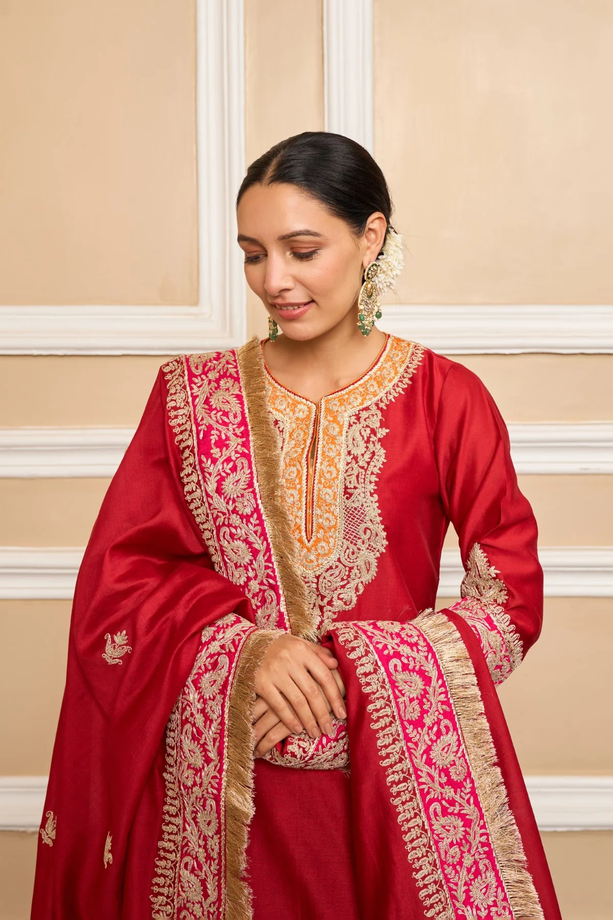AMIRA - DEEP RED SHORT KURTA WITH SHARARA AND ODHNI - Image 6