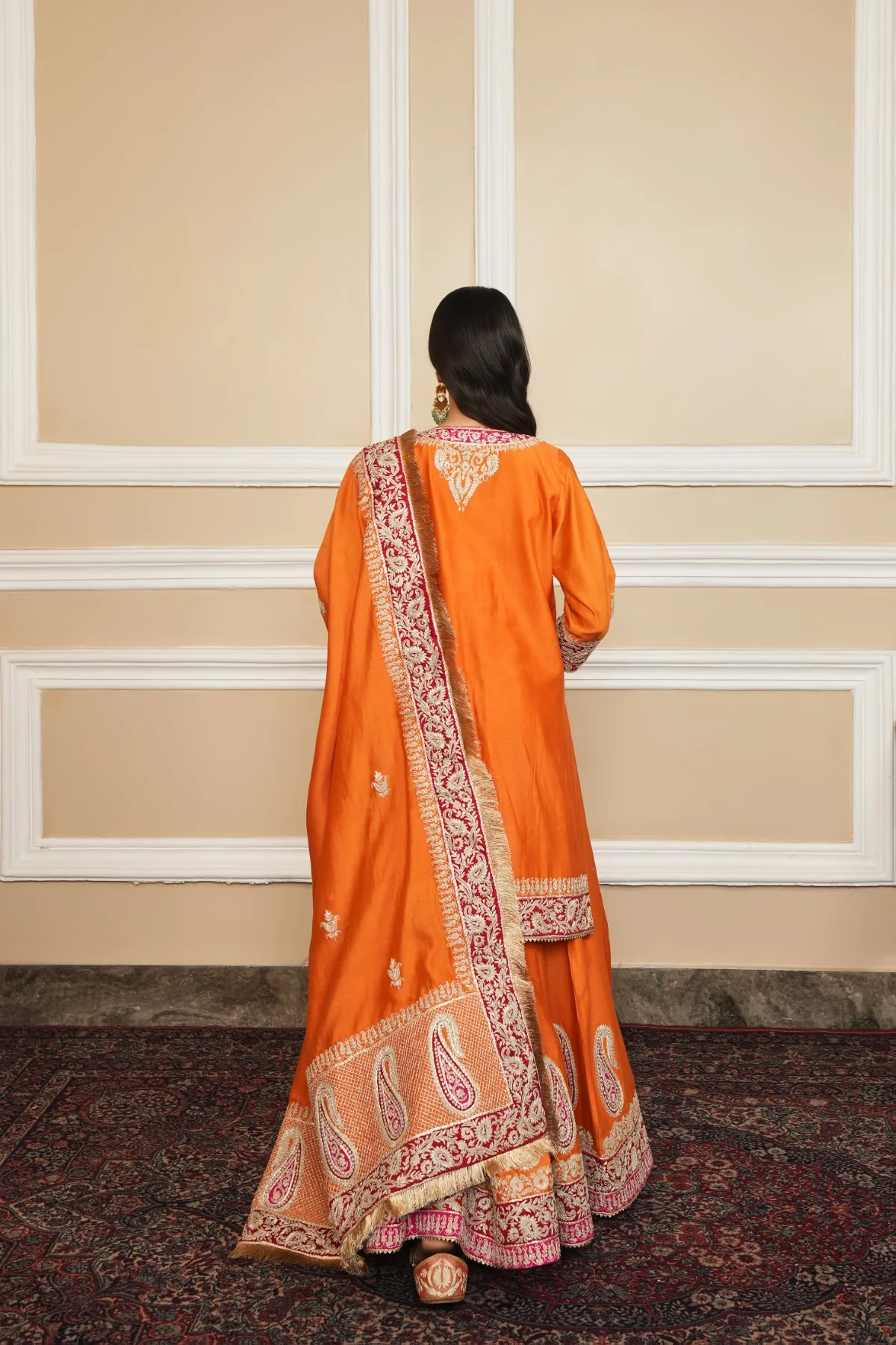 AMIRA - Orange SHORT KURTA WITH SHARARA AND ODHNI - Image 4