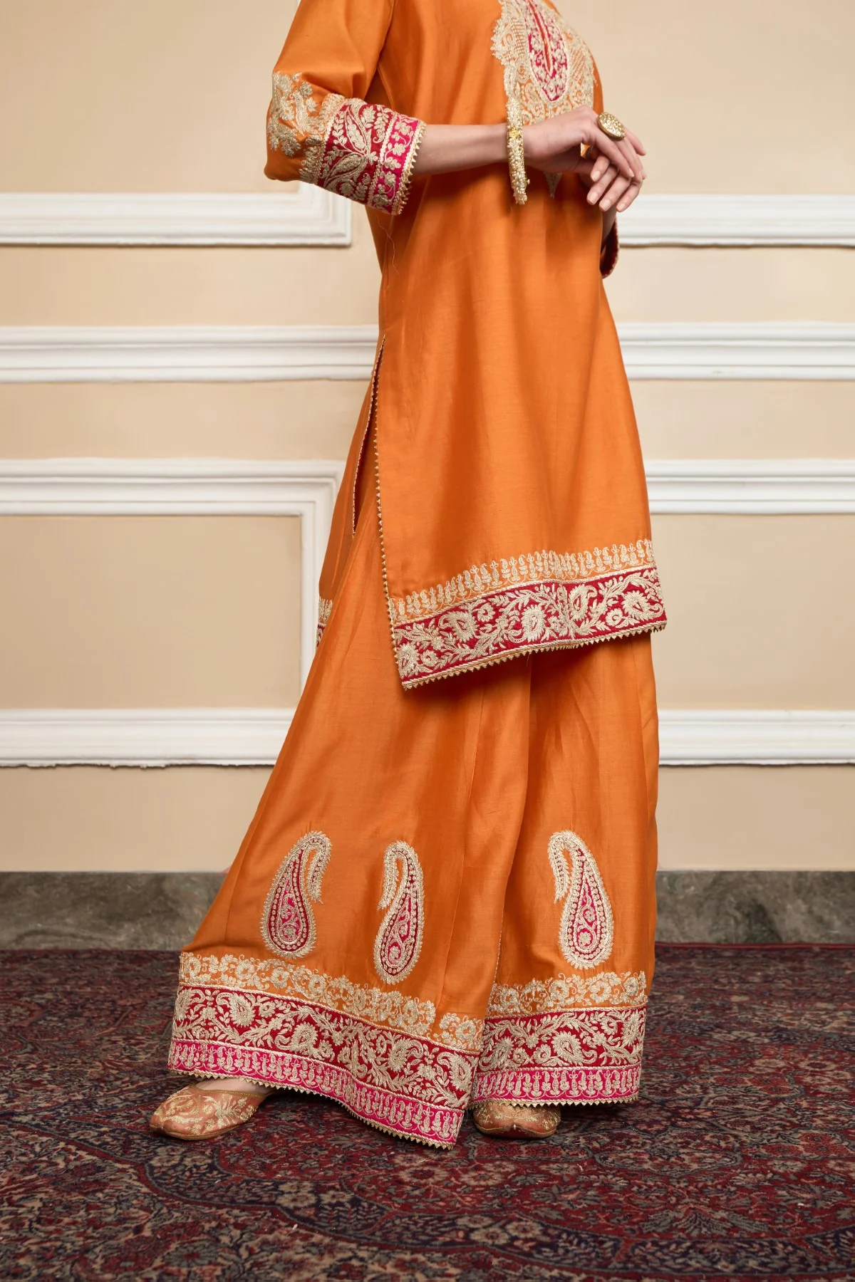 AMIRA - Orange SHORT KURTA WITH SHARARA AND ODHNI - Image 6