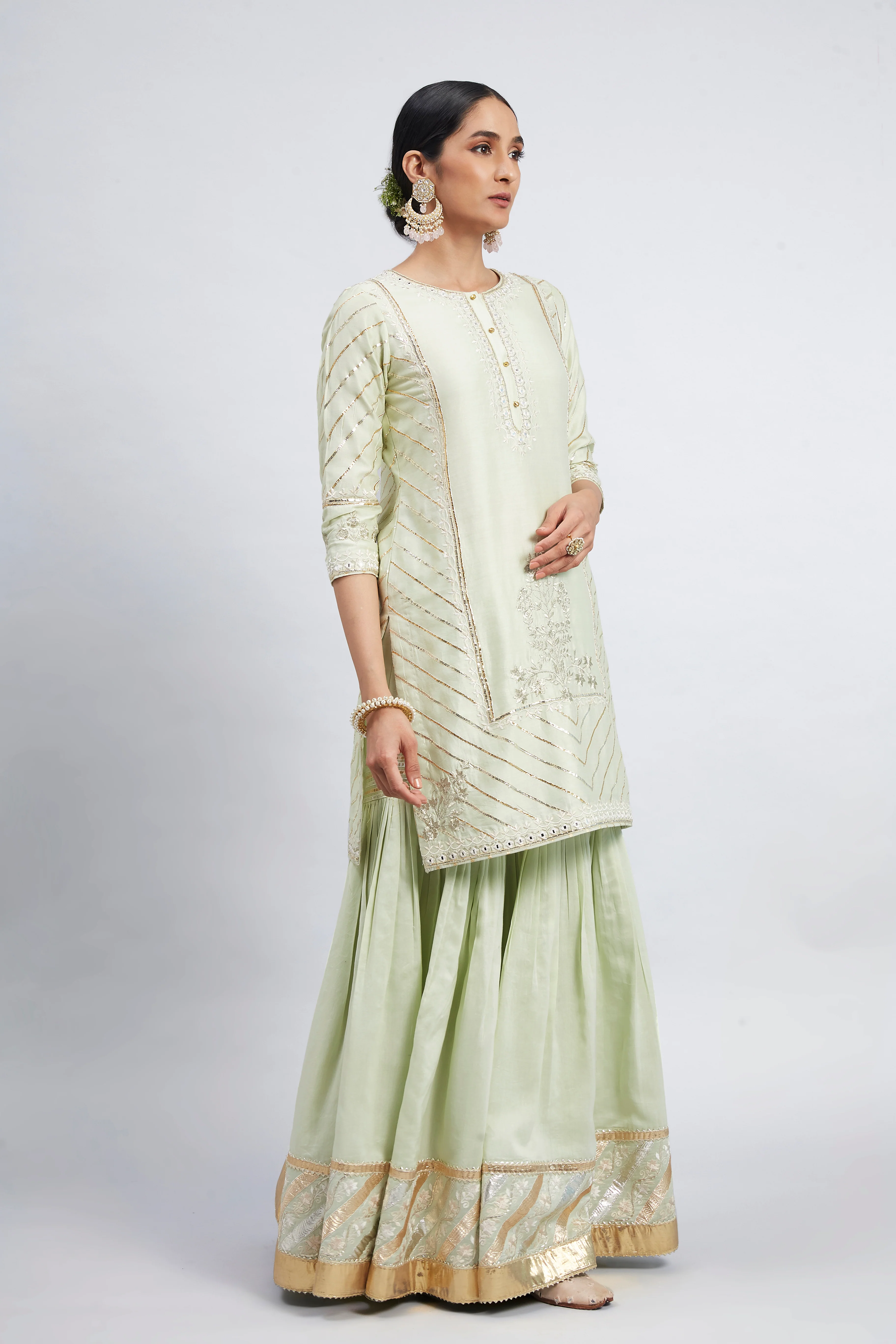 Eliza - Mint Green Chanderi Silk Kurta and Garara Set with Organza dupatta - Image 3