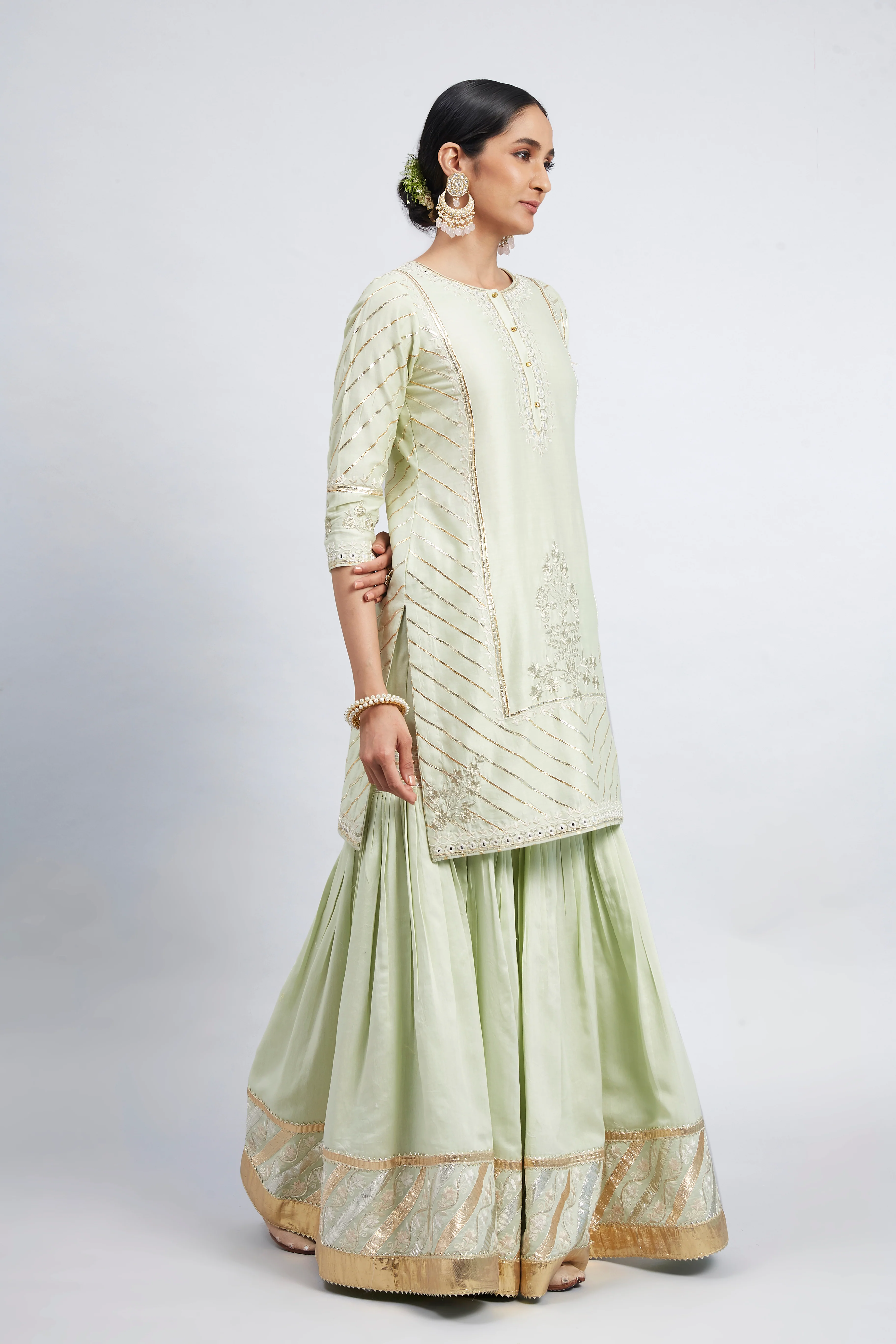 Eliza - Mint Green Chanderi Silk Kurta and Garara Set with Organza dupatta - Image 4