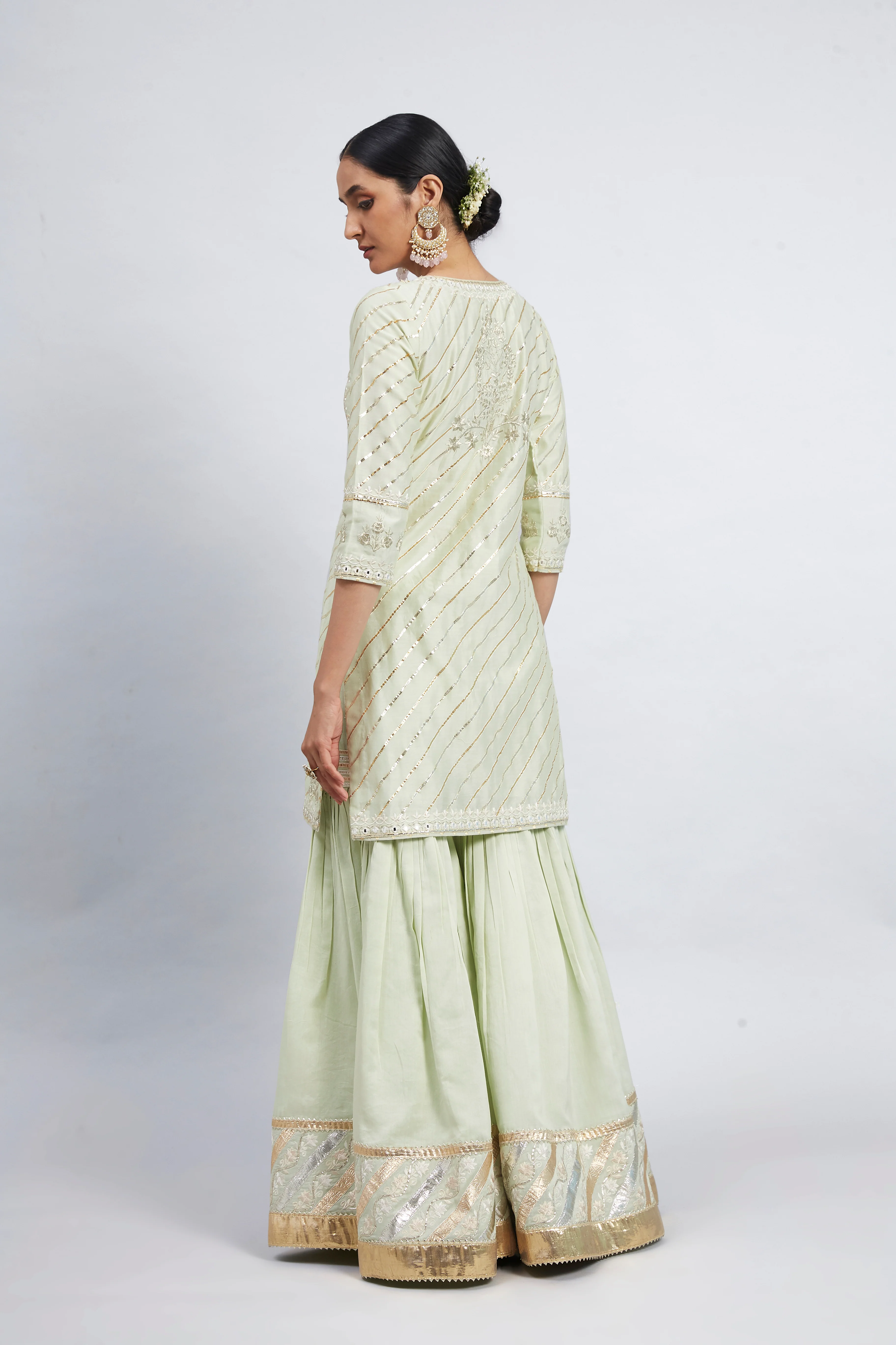 Eliza - Mint Green Chanderi Silk Kurta and Garara Set with Organza dupatta - Image 5