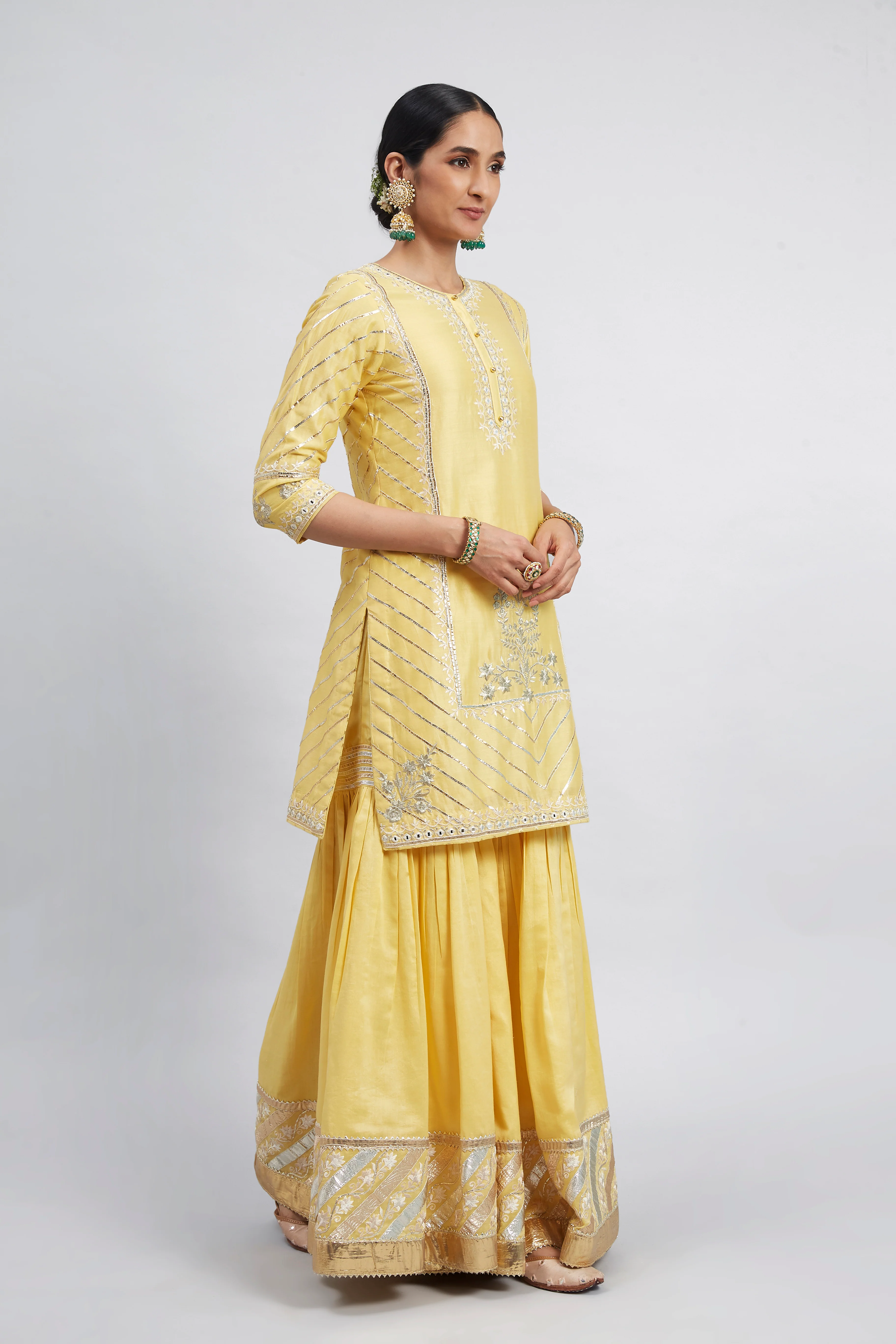 Eliza - Daffodil Yellow Chanderi Silk Kurta and Garara Set with Organza dupatta - Image 4