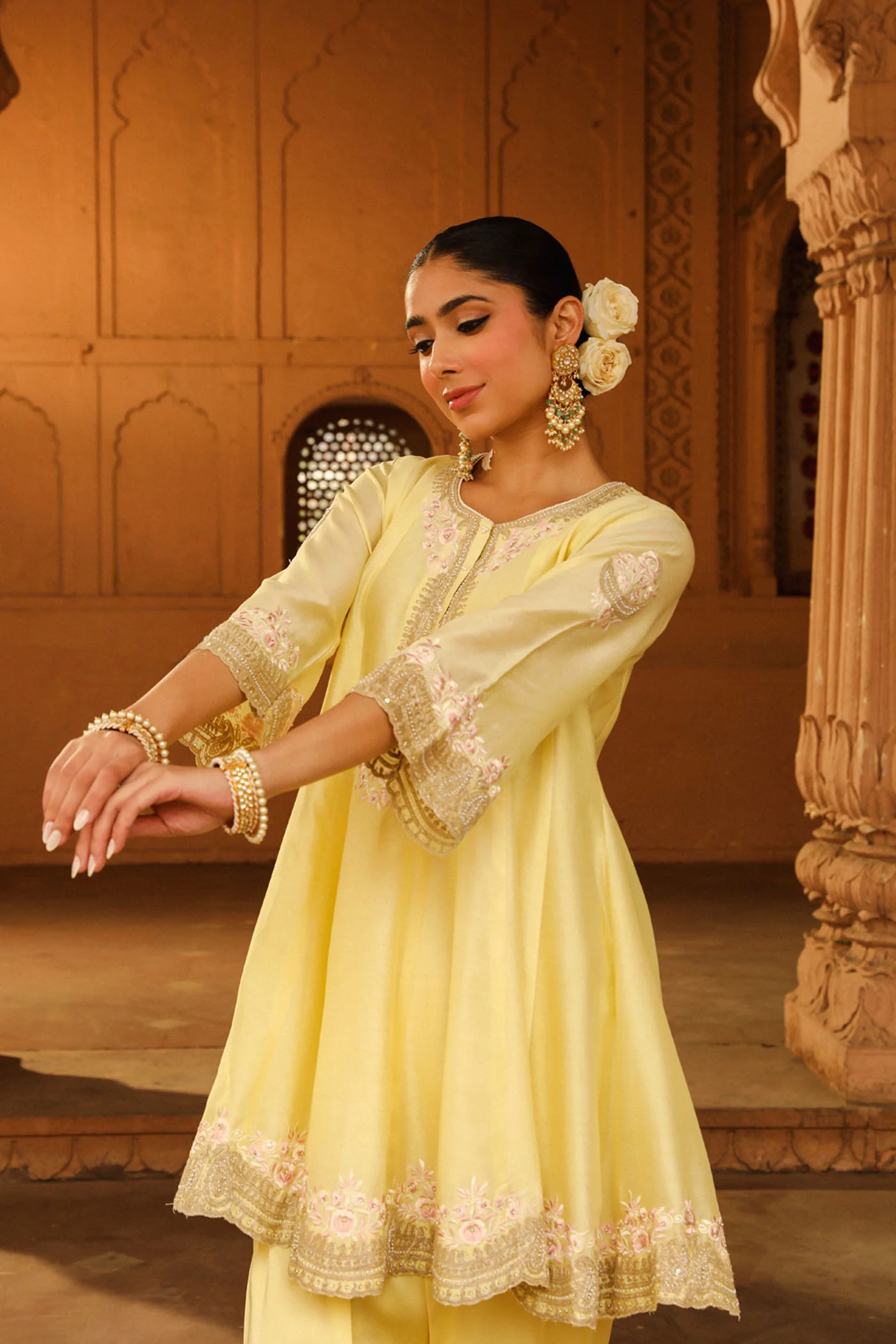 Faria - Lemon Yellow Short Anarkali with Chooridaar and Dupatta - Image 3