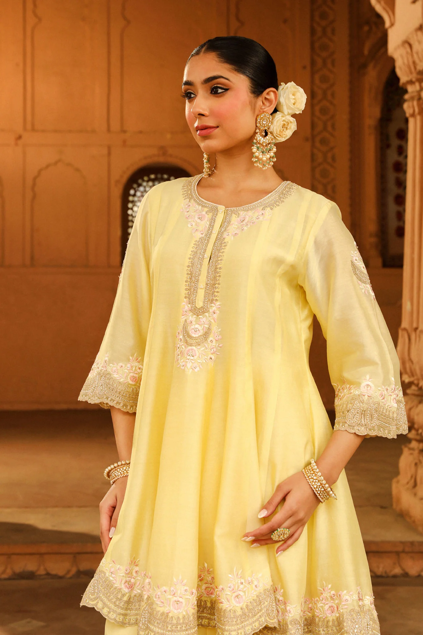 Faria - Lemon Yellow Short Anarkali with Chooridaar and Dupatta - Image 4