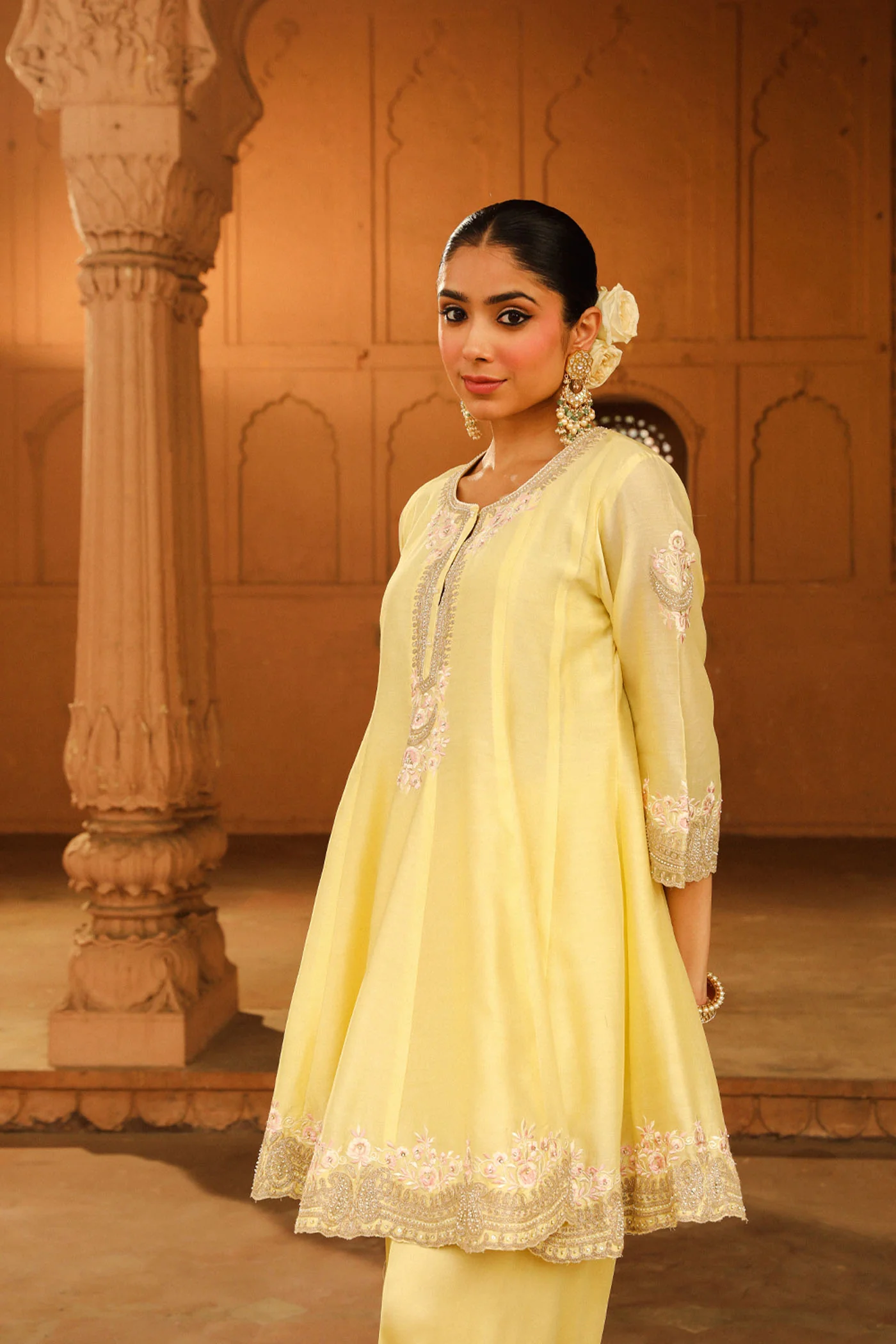 Faria - Lemon Yellow Short Anarkali with Chooridaar and Dupatta - Image 5