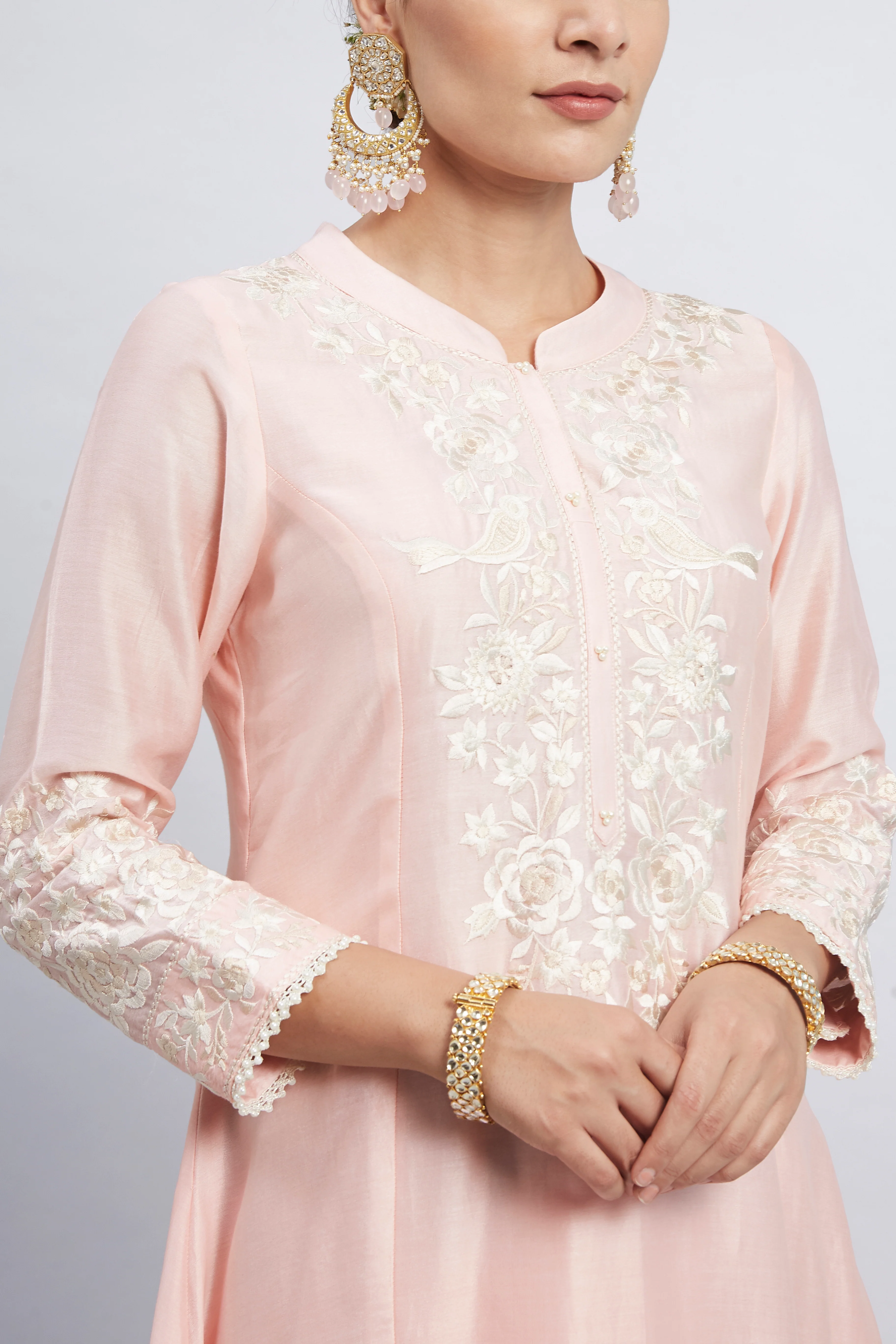 Kaina- Soft Pink Pure chanderi silk Parsi-gara embroidered ensemble - Image 3