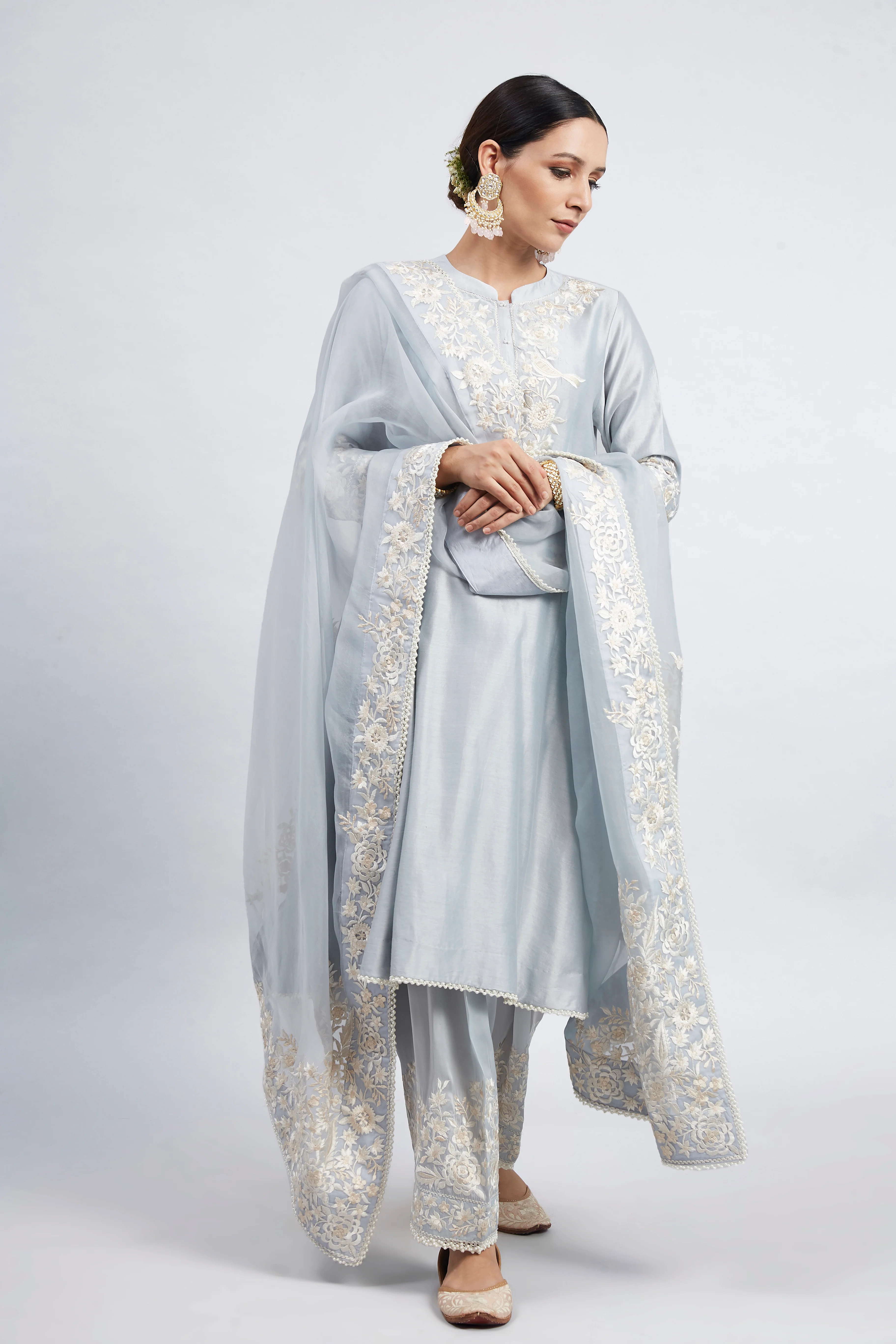 Kaina- Soft Blue Pure chanderi silk Parsi-gara Embroidered Ensemble - Image 3