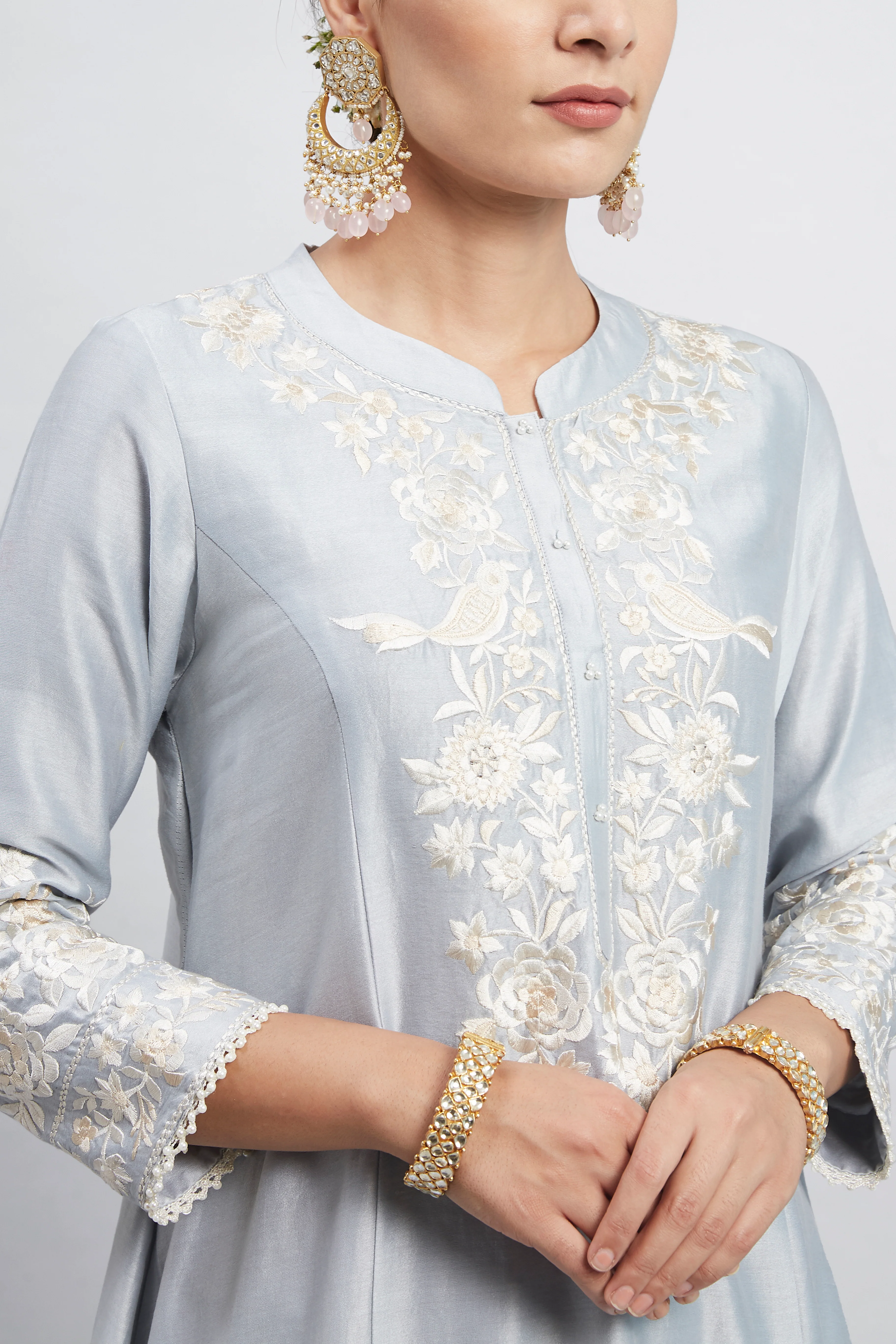 Kaina- Soft Blue Pure chanderi silk Parsi-gara Embroidered Ensemble - Image 4