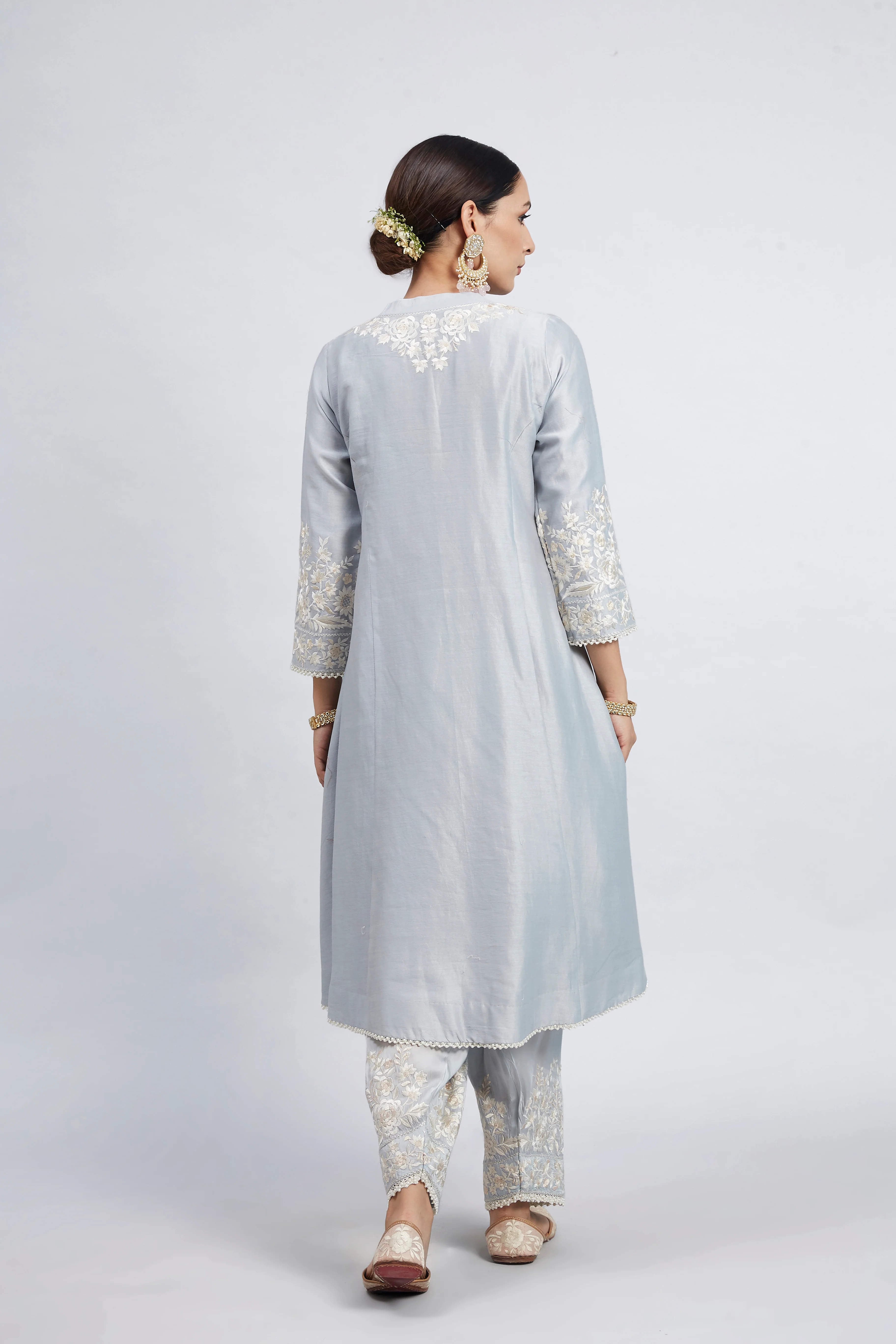 Kaina- Soft Blue Pure chanderi silk Parsi-gara Embroidered Ensemble - Image 6