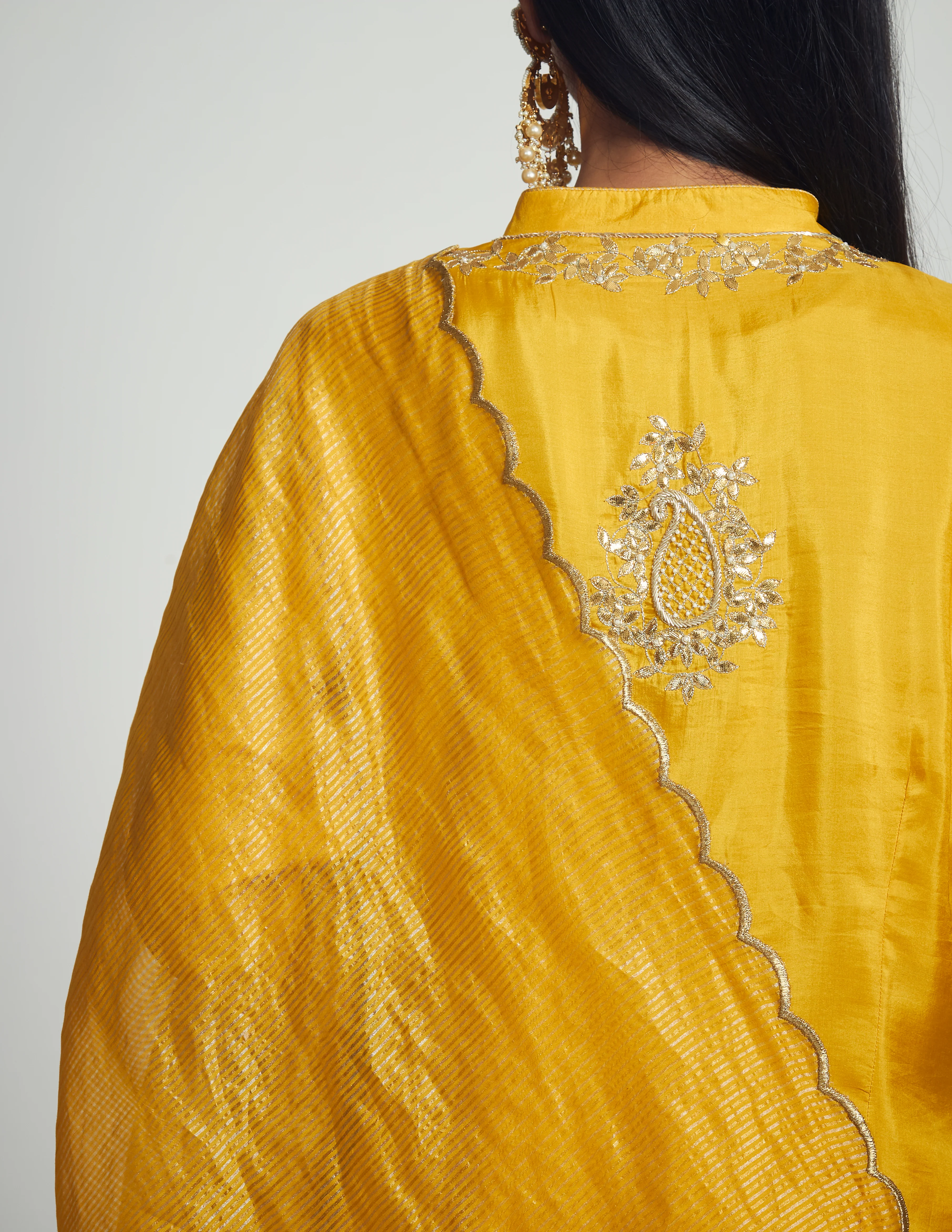Nasira- Lemon Yellow Habutai silk Gota patti embroidered kurta with garara and dupatta - Image 4