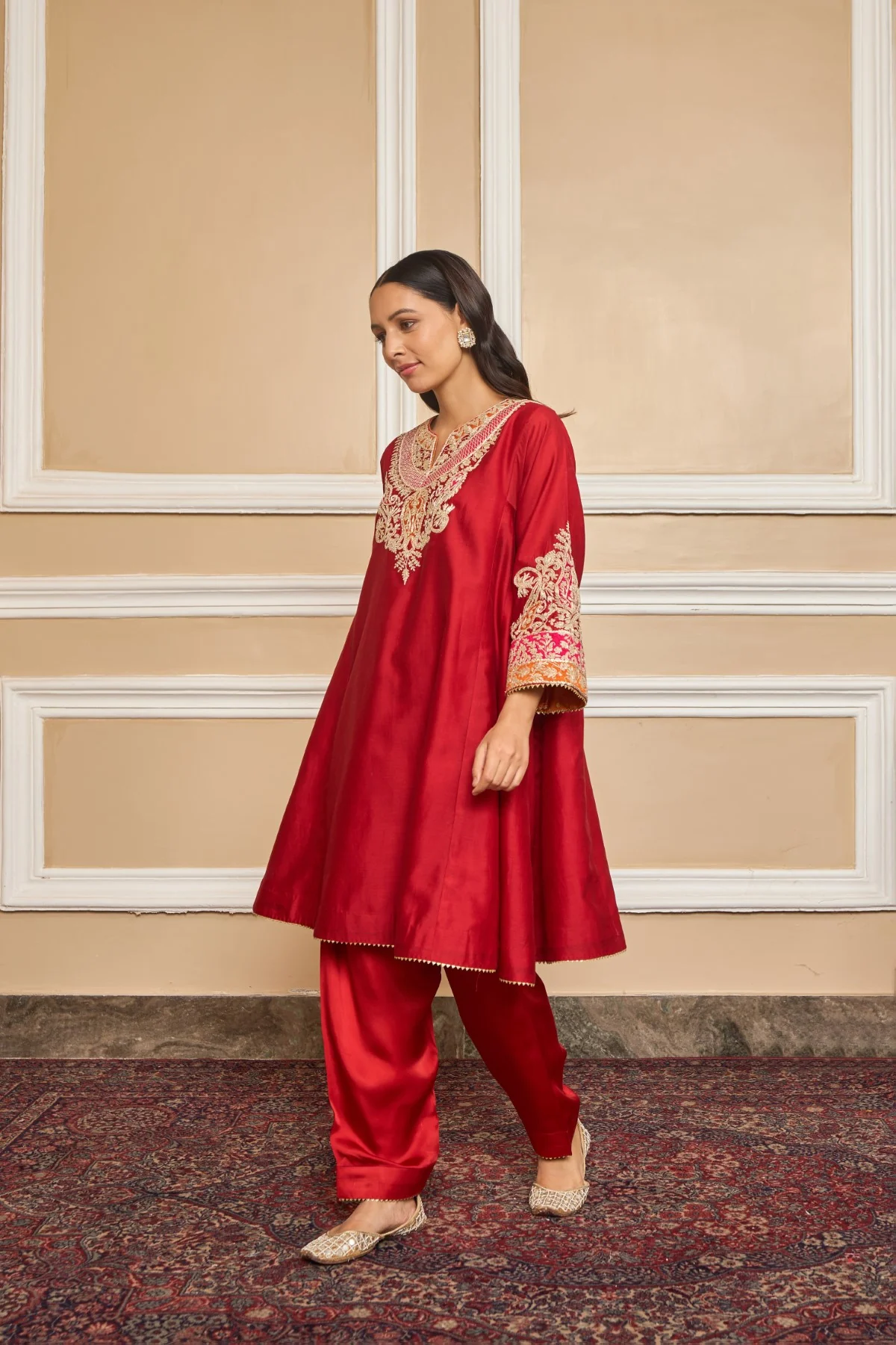 MEHRISH - DEEP RED SHORT KALIDAAR CHOGA WITH SALWAR - Image 3