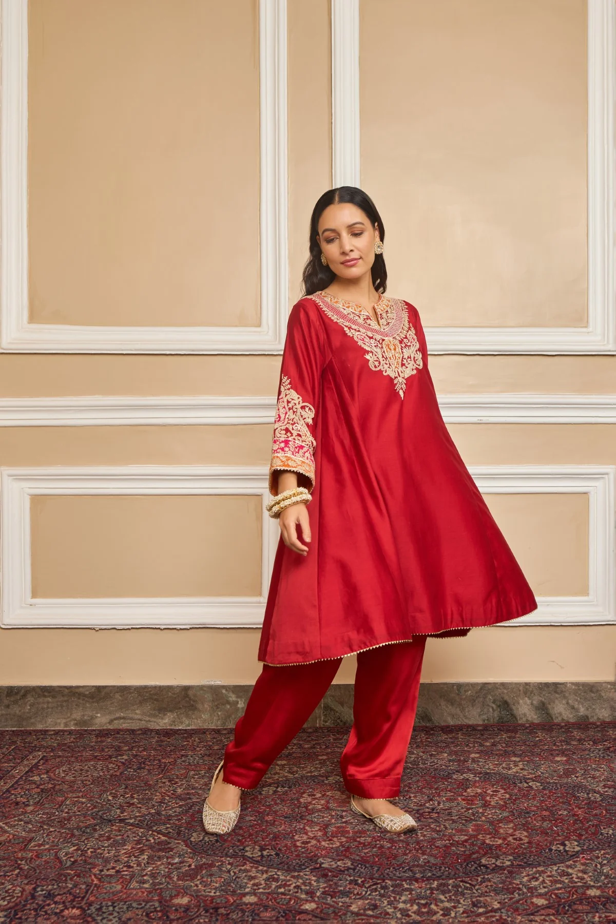 MEHRISH - DEEP RED SHORT KALIDAAR CHOGA WITH SALWAR - Image 4