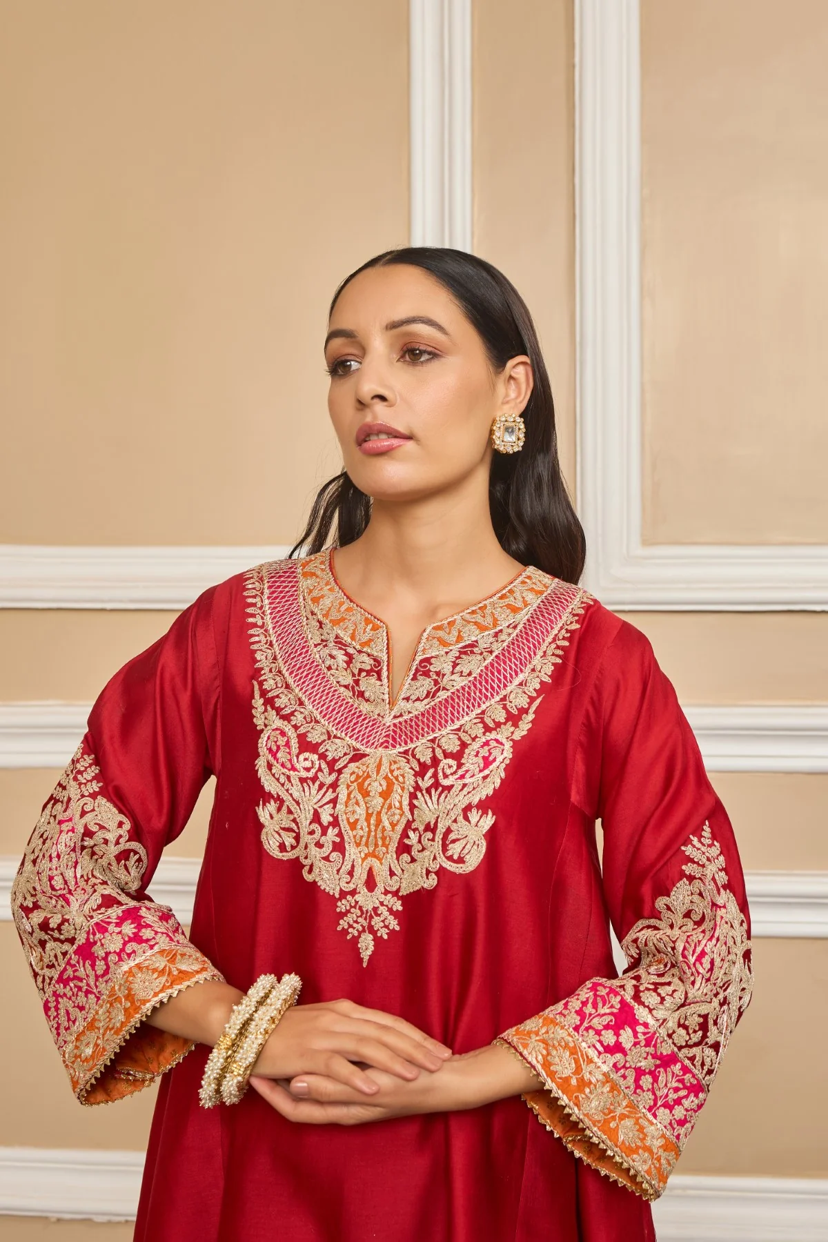 MEHRISH - DEEP RED SHORT KALIDAAR CHOGA WITH SALWAR - Image 5
