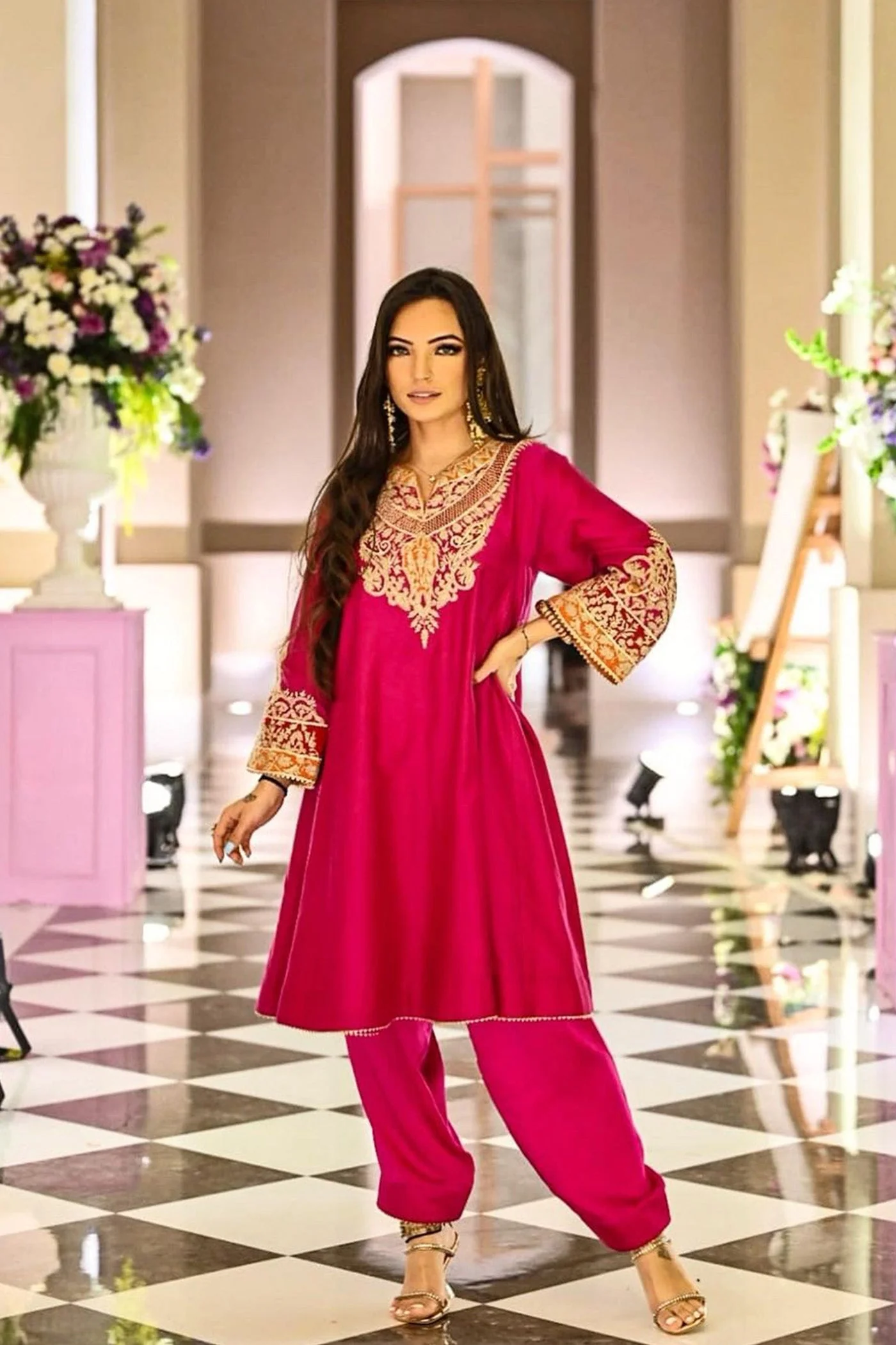 AHANA GHAI IN MEHRISH - Rani Hotpink SHORT KALIDAAR CHOGA WITH SALWAR - Image 3