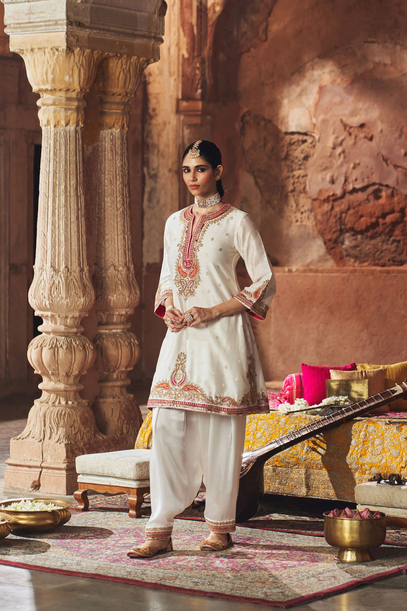 MEHWISH - DAISY IVORY SHORT KURTA WITH SALWAR AND DUPATTA - Image 3