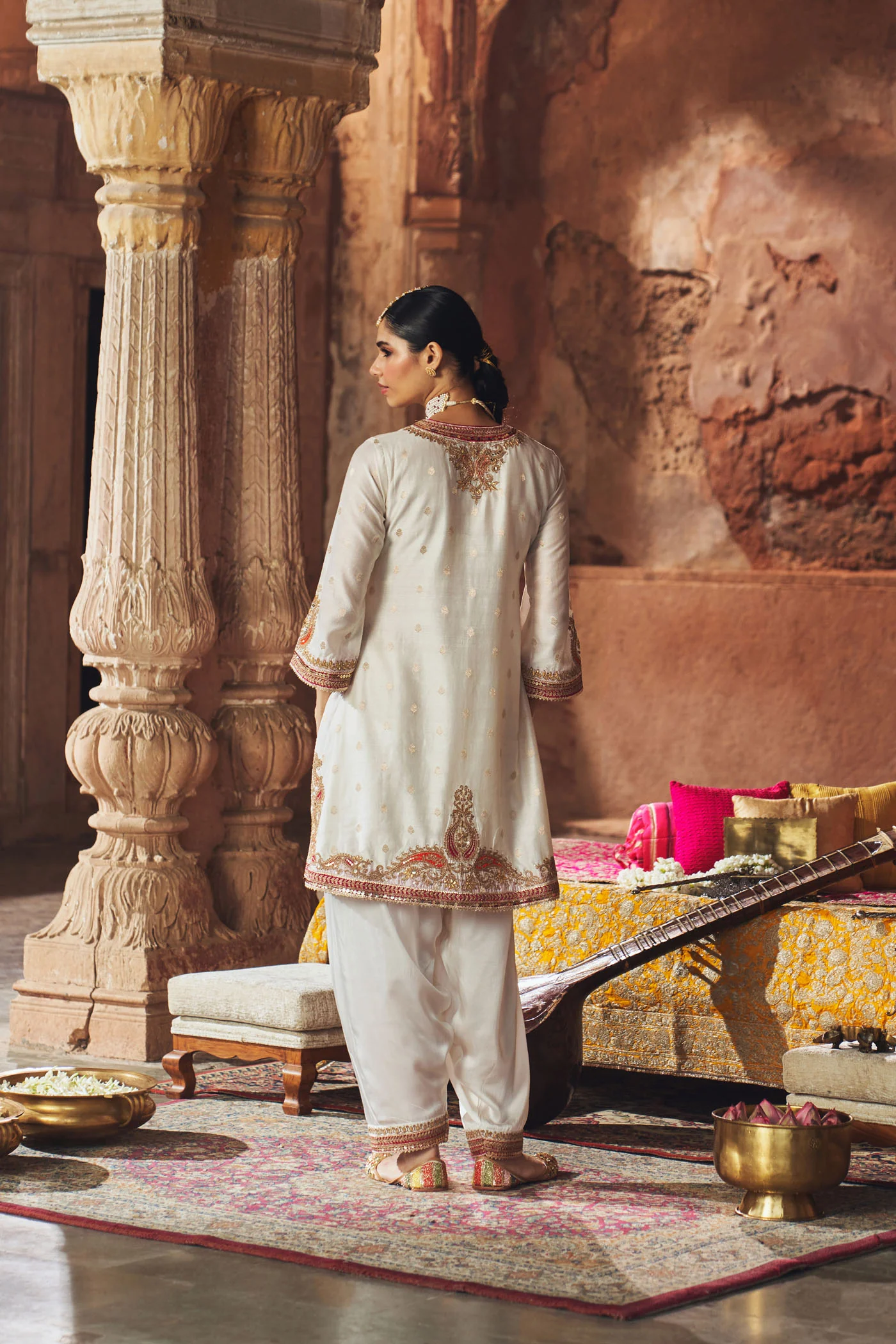 MEHWISH - DAISY IVORY SHORT KURTA WITH SALWAR AND DUPATTA - Image 6