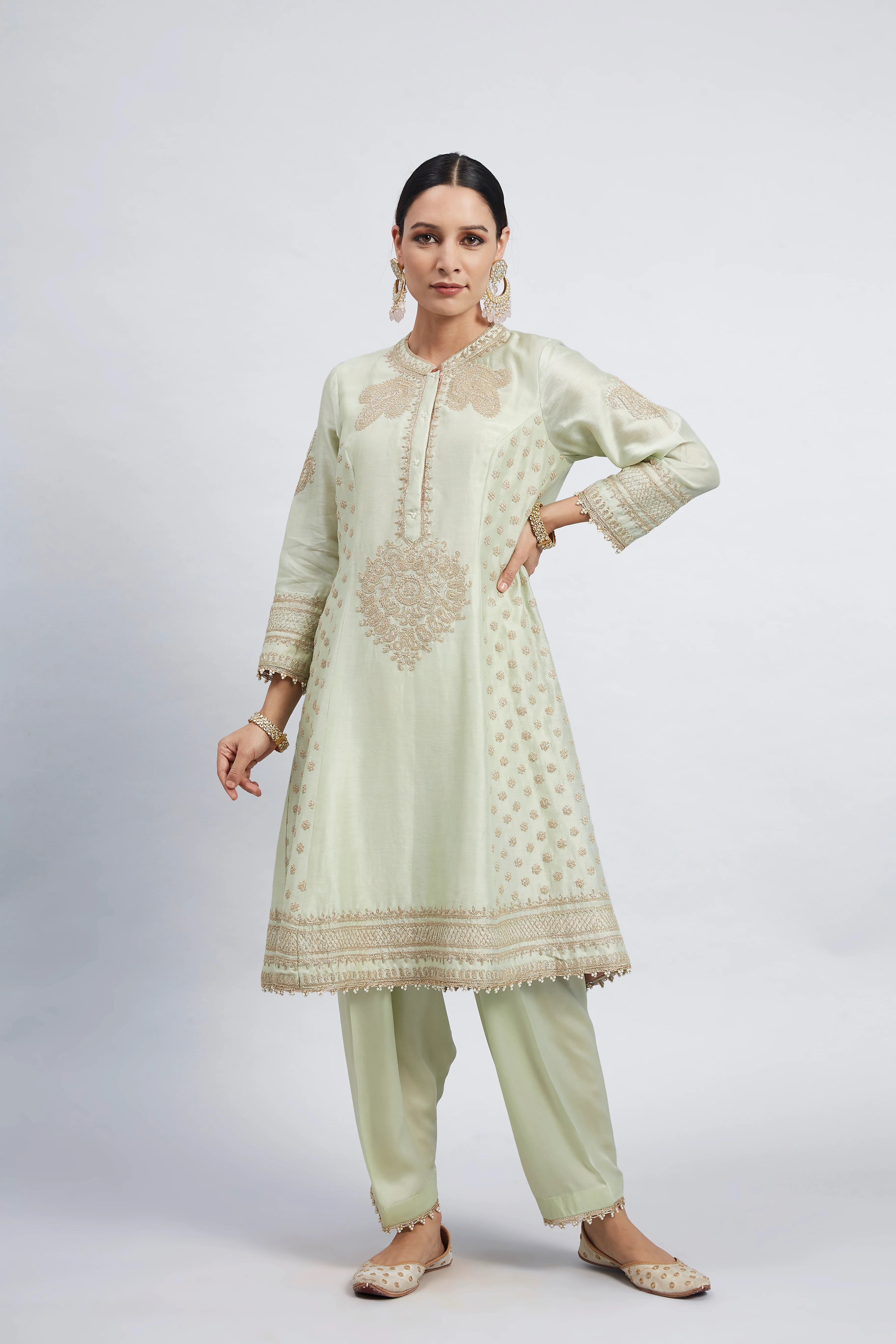 Naazira- Mint Green Tilla Embroidered Kurta Set - Image 6