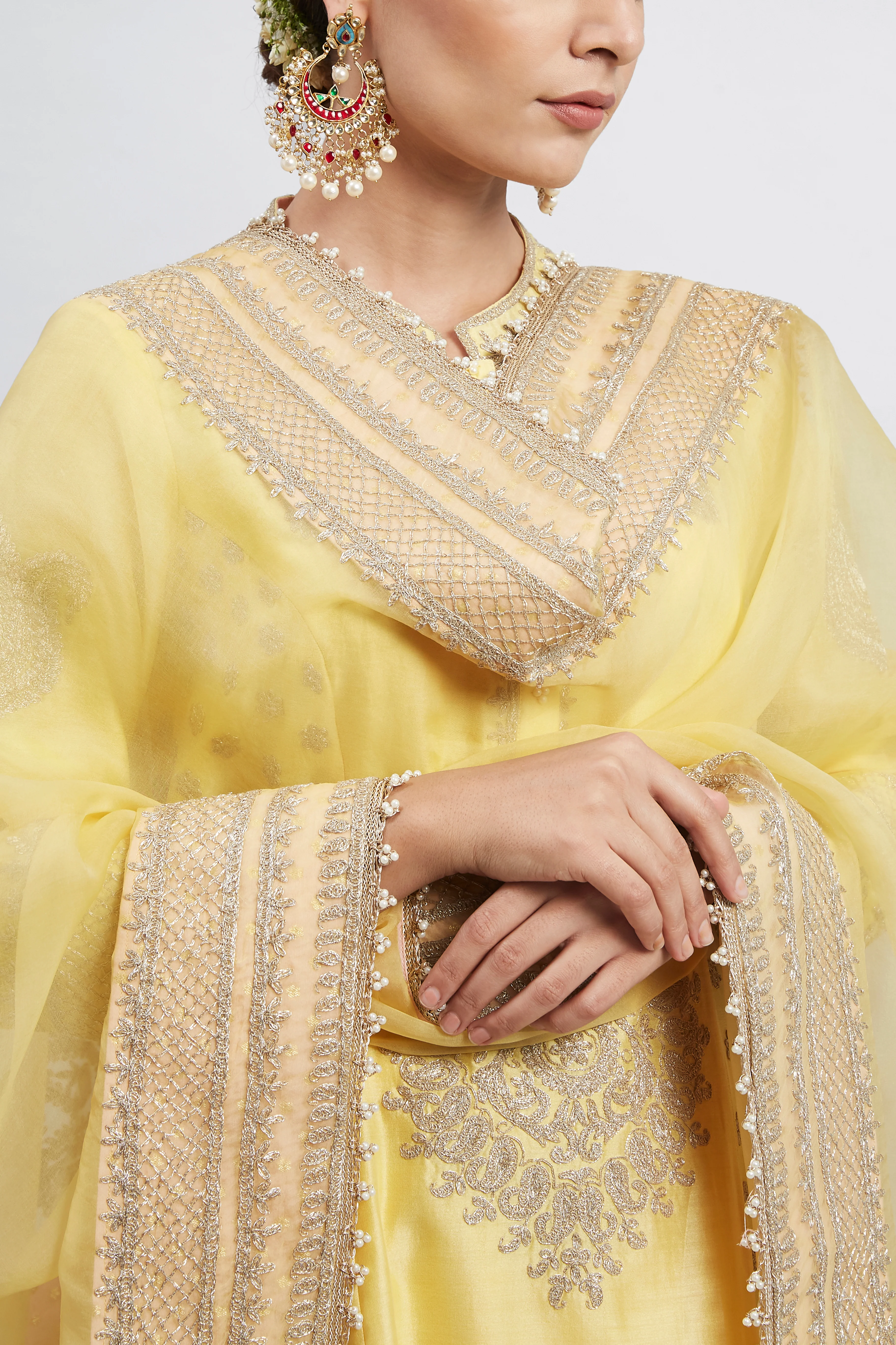 Naazira- Daffodil Yellow Tilla Embroidered Kurta Set - Image 3