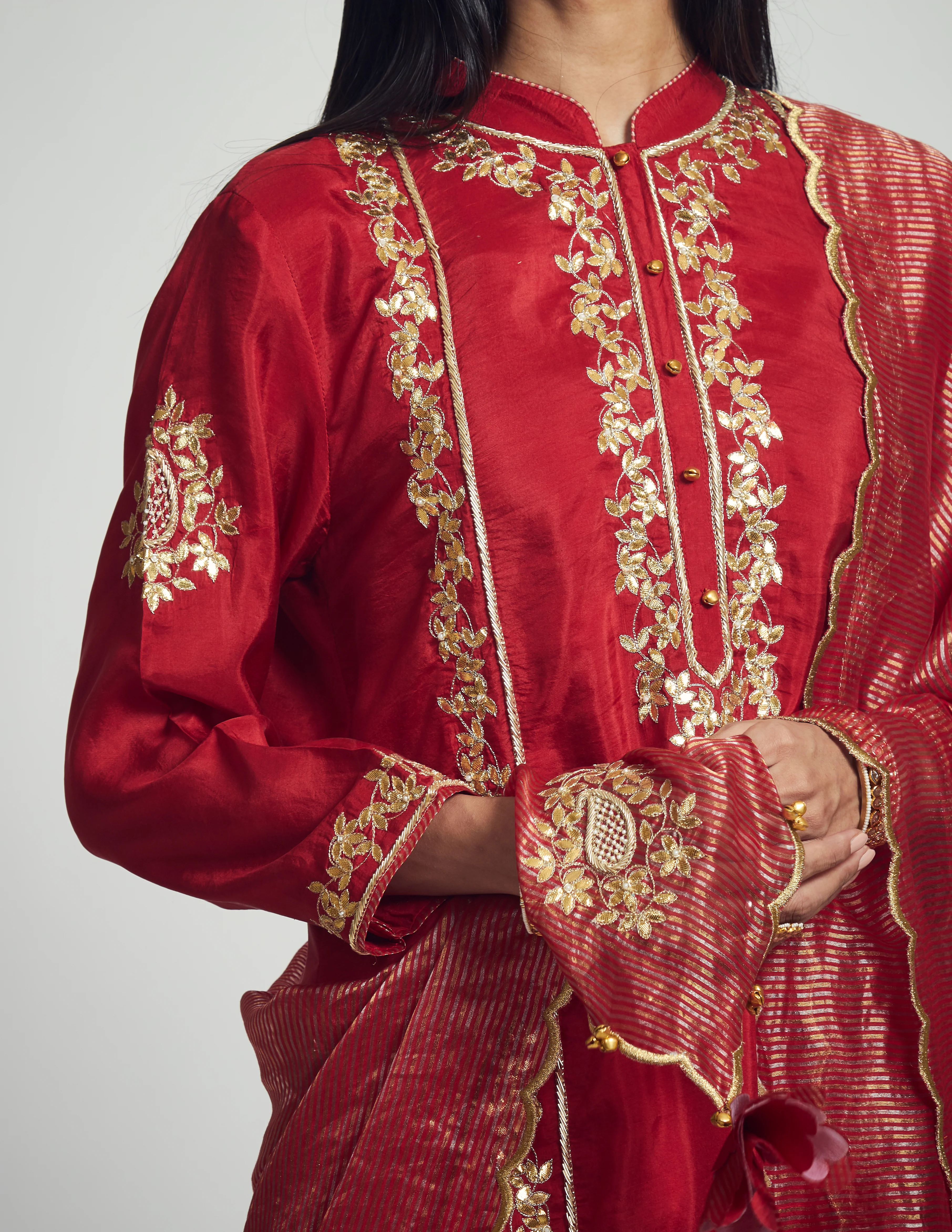 Nasira- Deep red habutai silk Gota patti embroidered kurta with garara and dupatta - Image 5