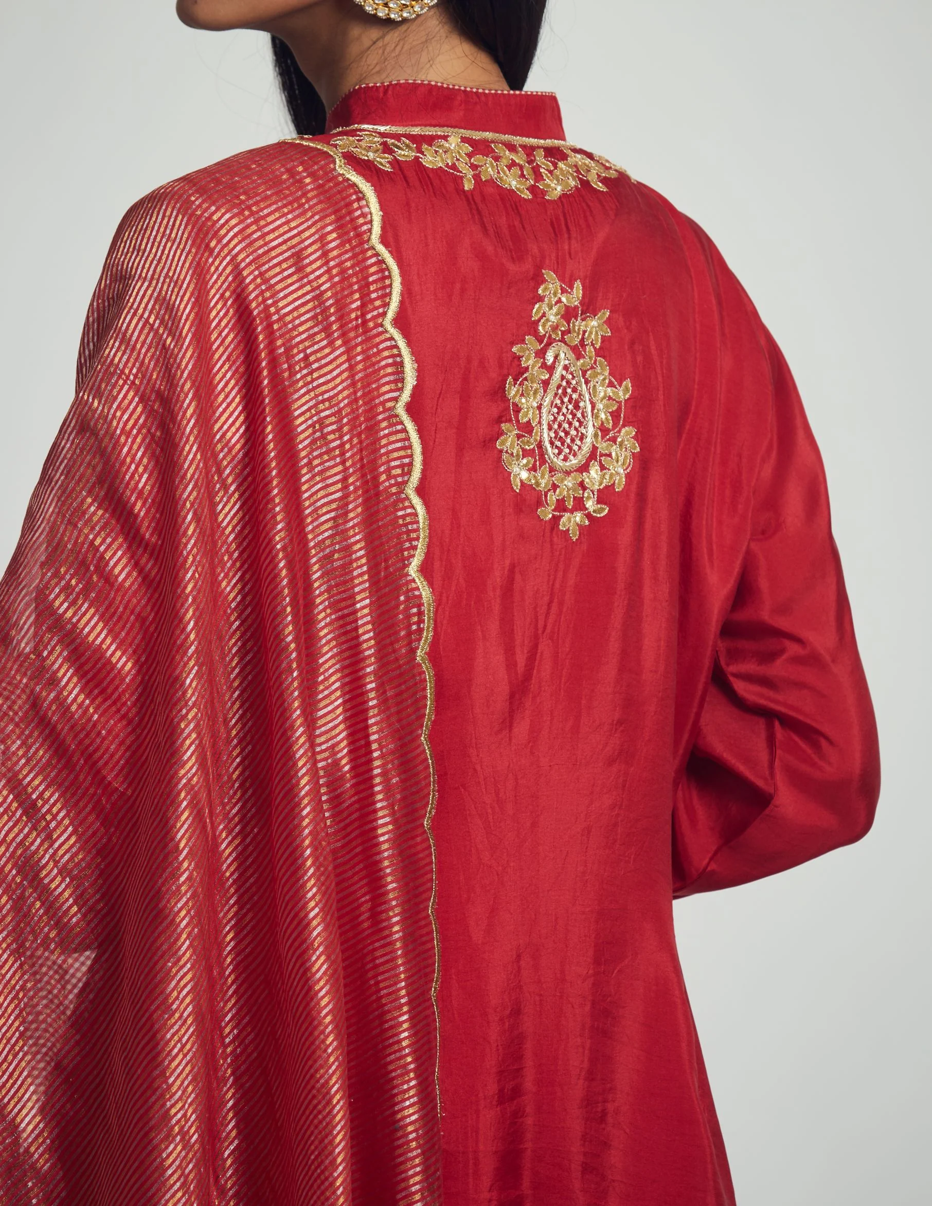 Nazish- Deep red Habutai silk Gota patti embroidered kurta with salwar and dupatta - Image 5