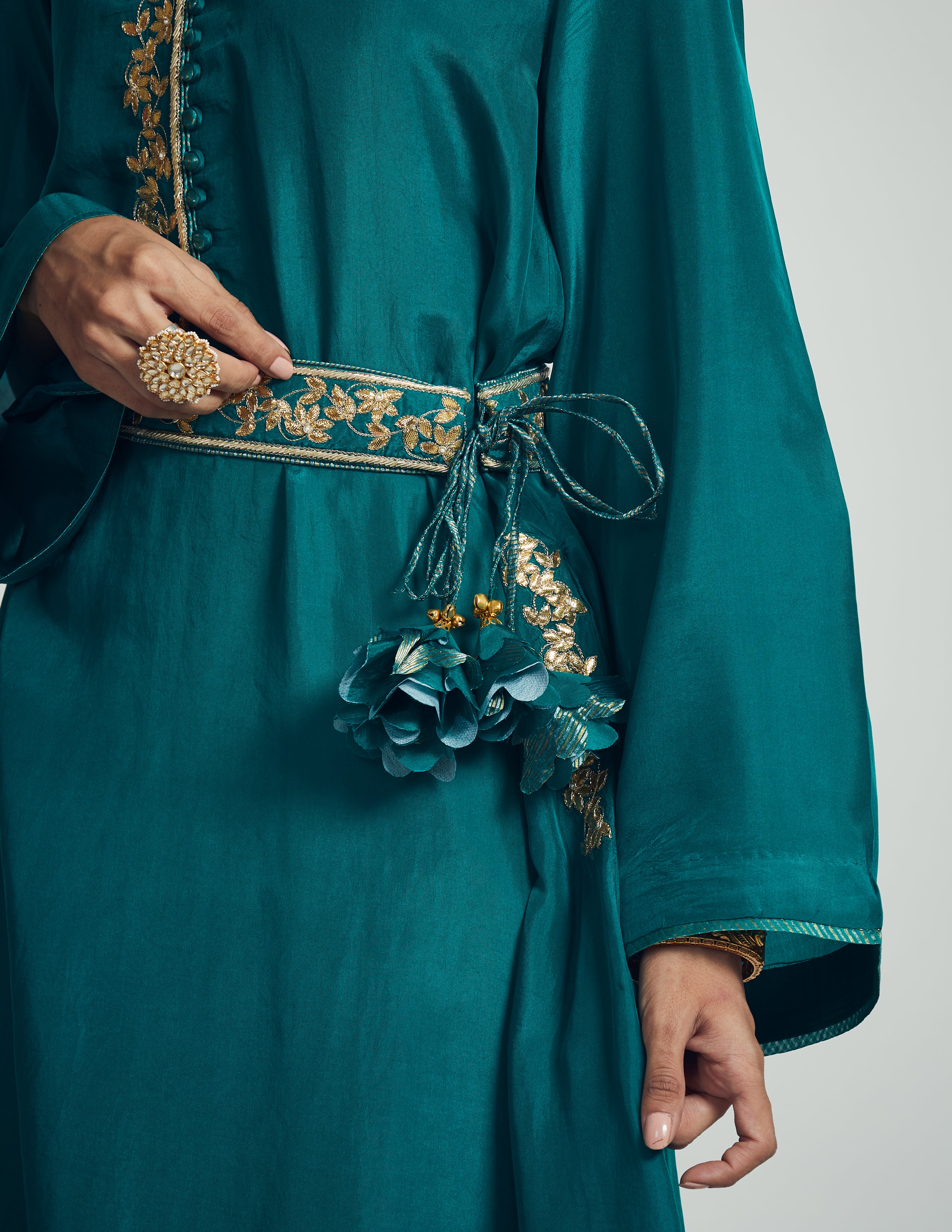 Nyasia- Emerald green Habutai silk Gota Patti embroidered choga - Image 3