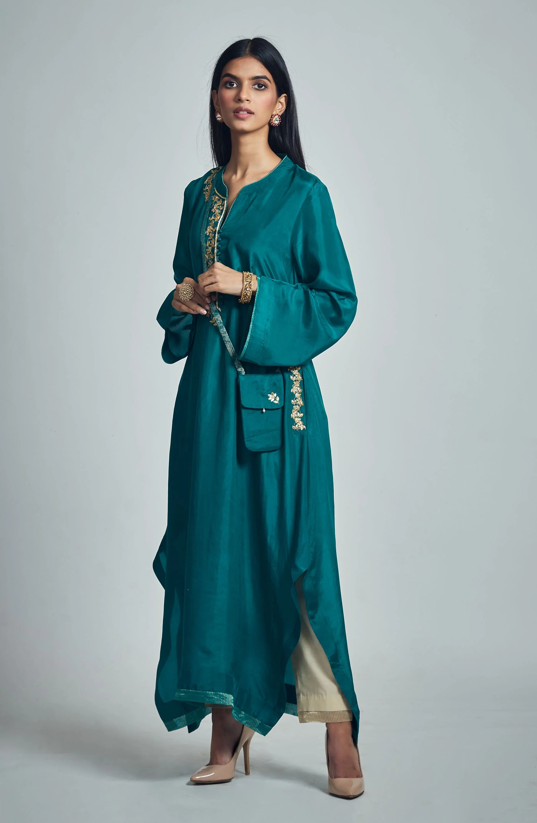 Nyasia- Emerald green Habutai silk Gota Patti embroidered choga - Image 4