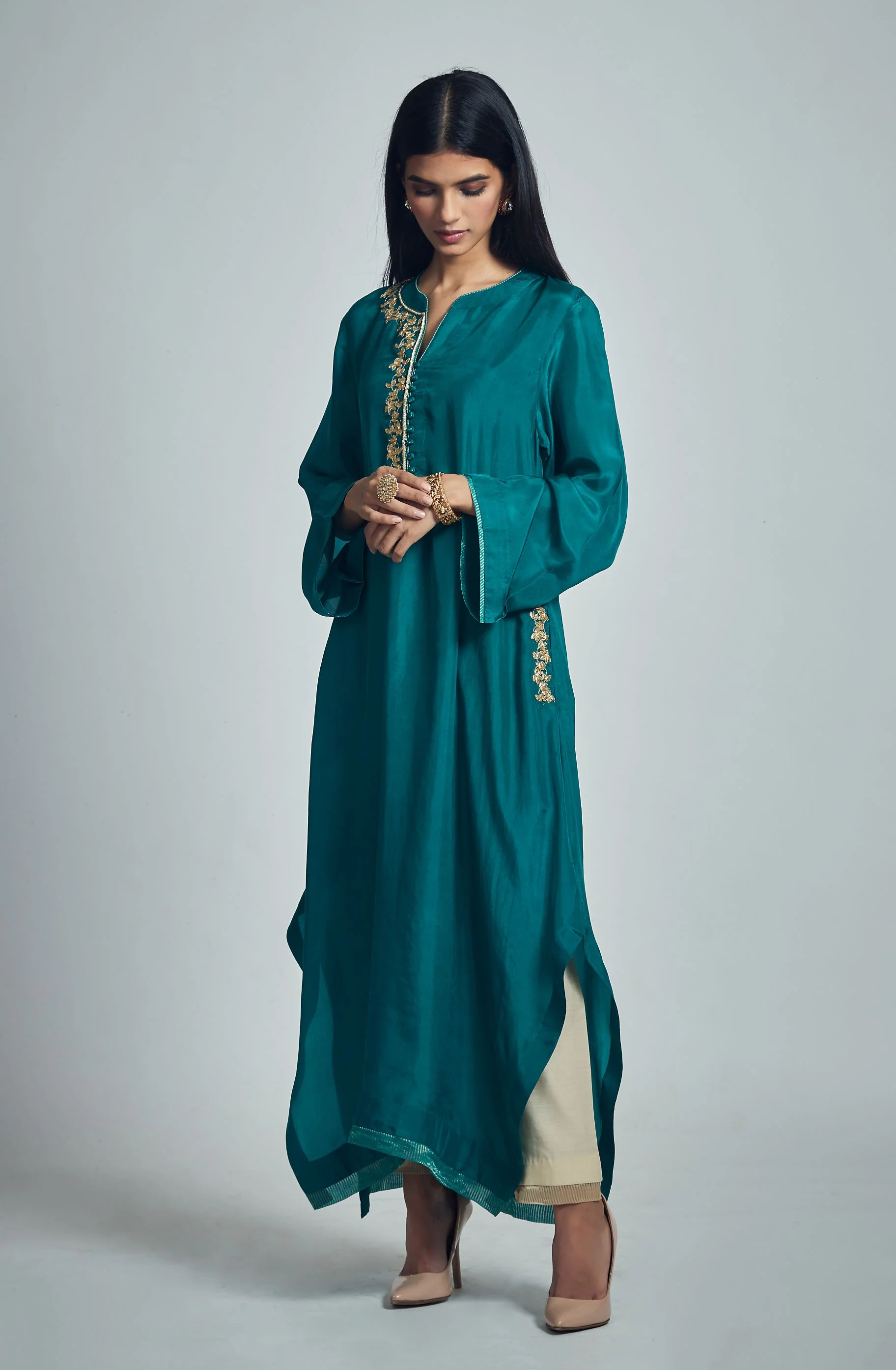 Nyasia- Emerald green Habutai silk Gota Patti embroidered choga - Image 5
