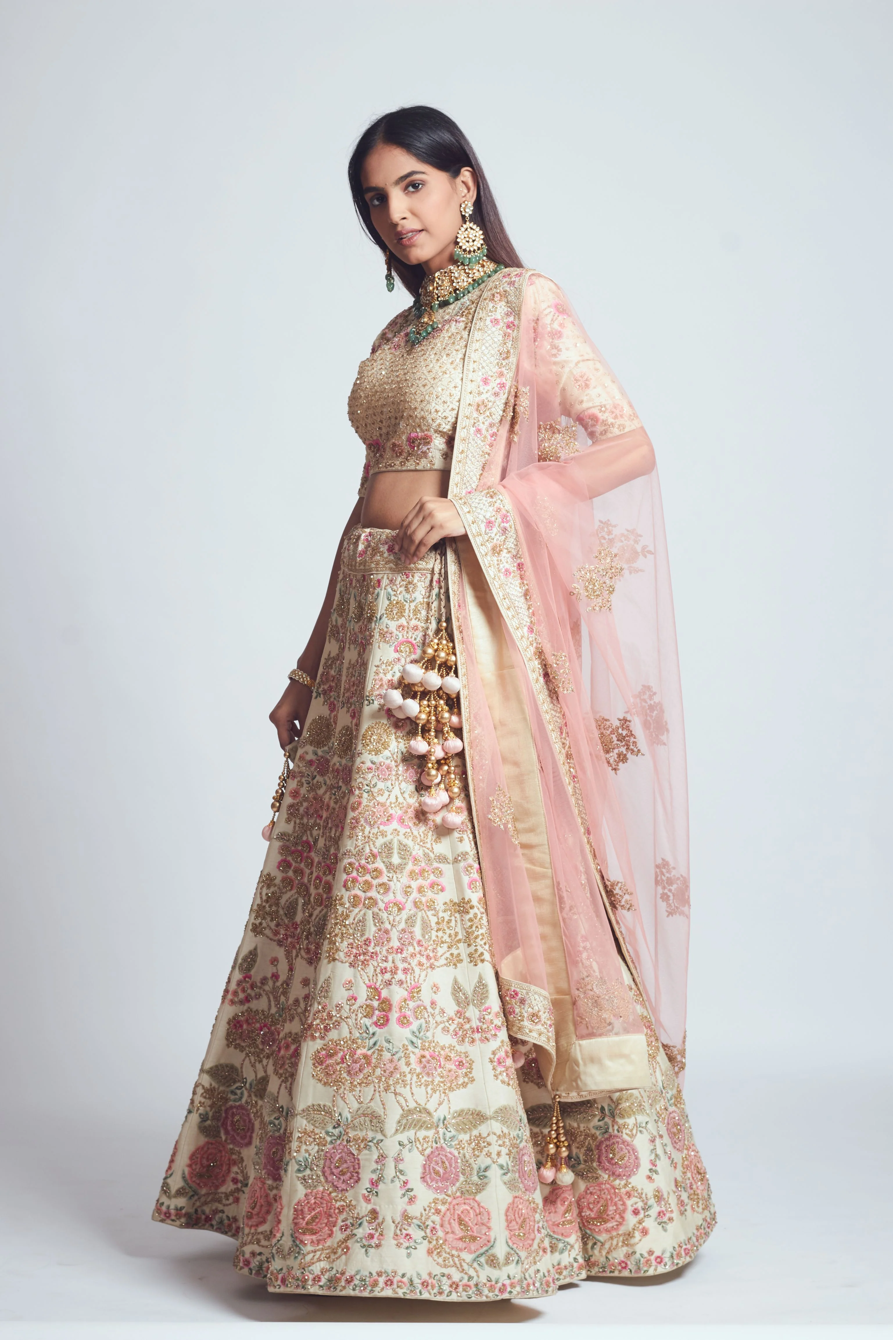 Parinaaz- Daisy Ivory & Blush Pink parsi & dabka zardozi embroidered lehenga - Image 3