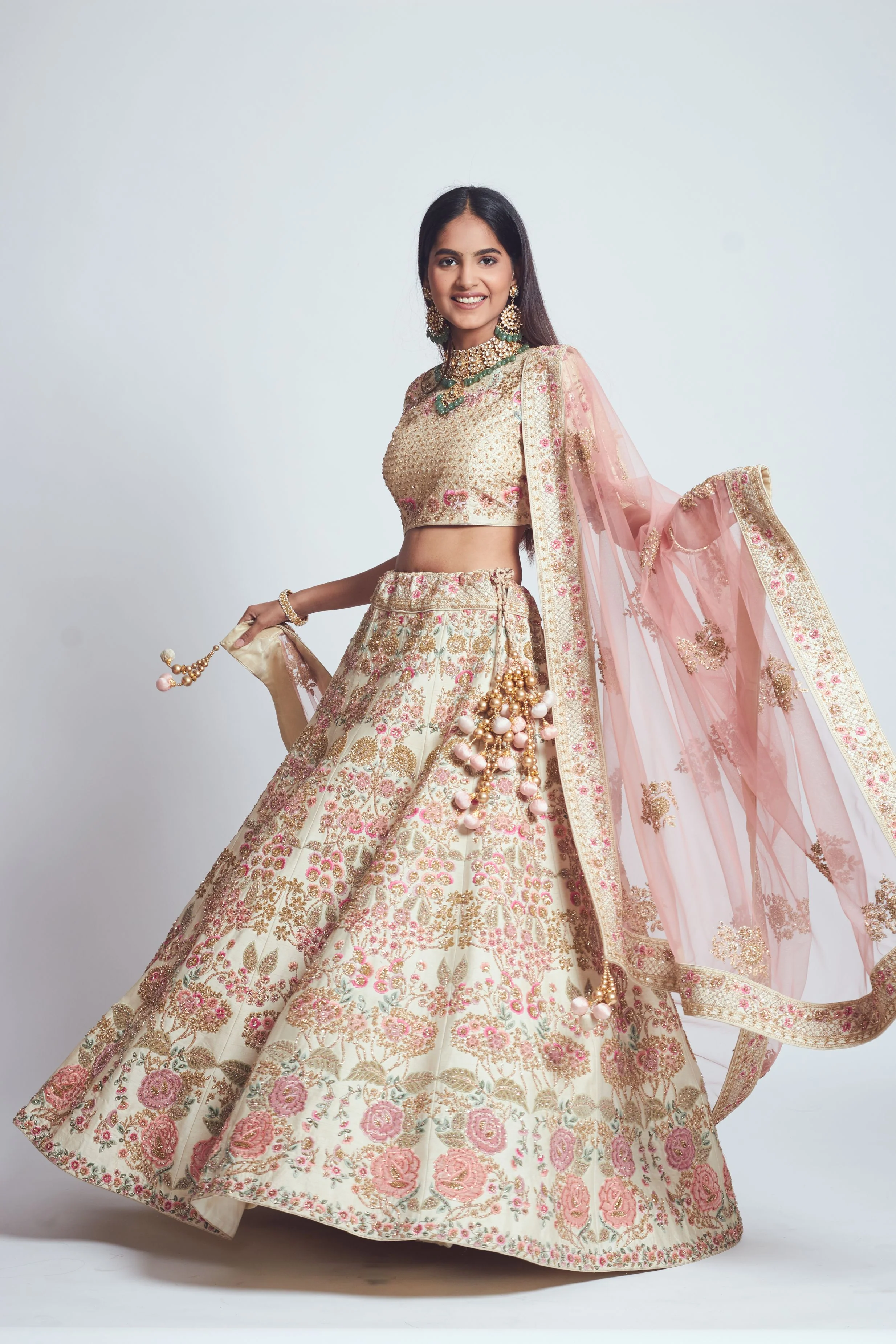 Parinaaz- Daisy Ivory & Blush Pink parsi & dabka zardozi embroidered lehenga - Image 4