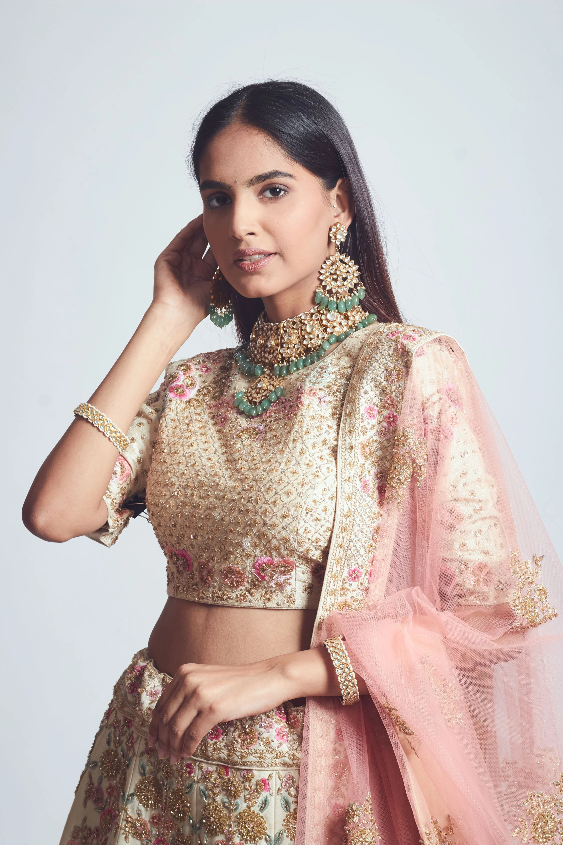 Parinaaz- Daisy Ivory & Blush Pink parsi & dabka zardozi embroidered lehenga - Image 5
