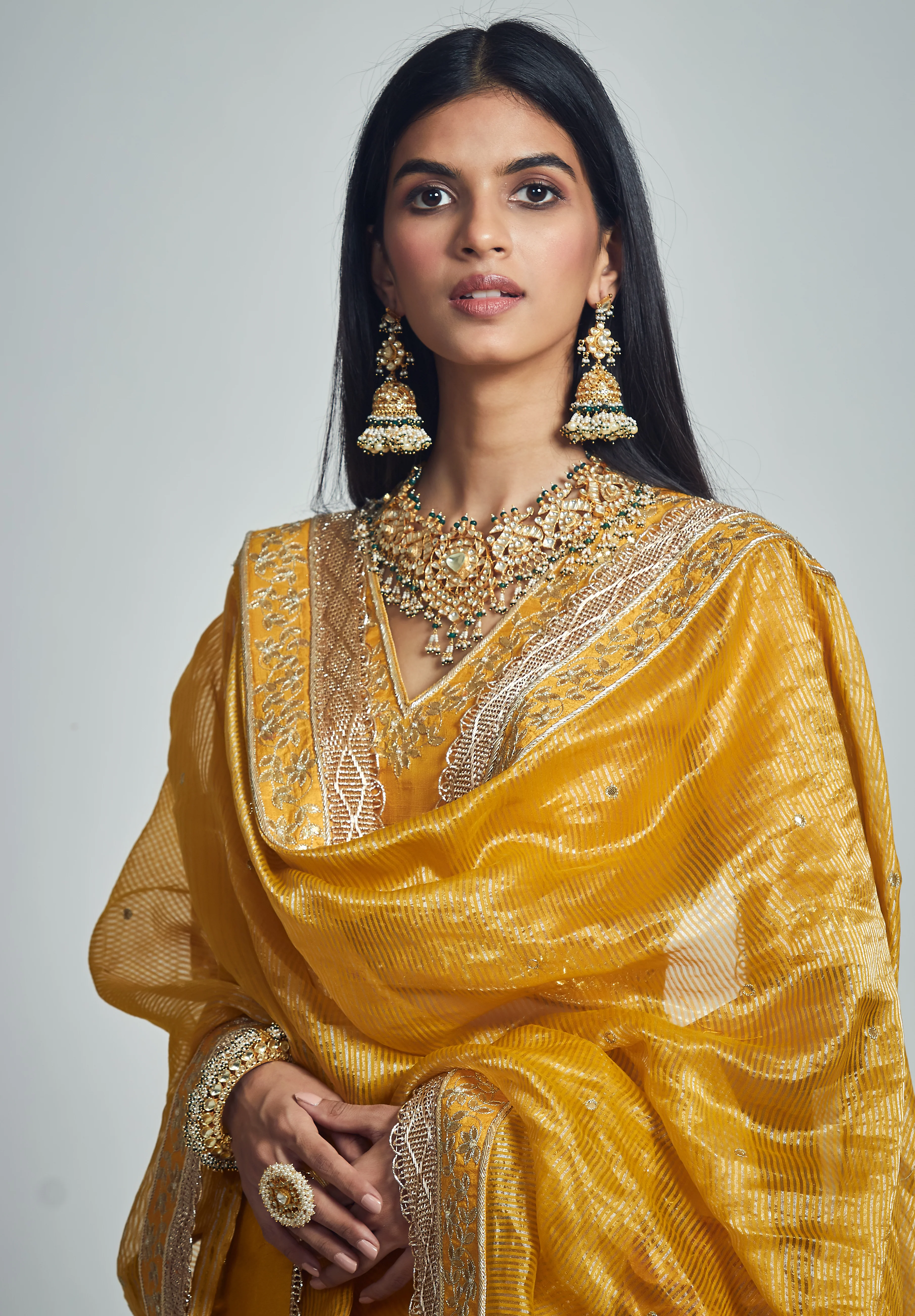 Razaana- Glaze Mustard Gota patti embroidered lehenga with blouse and dupatta - Image 3