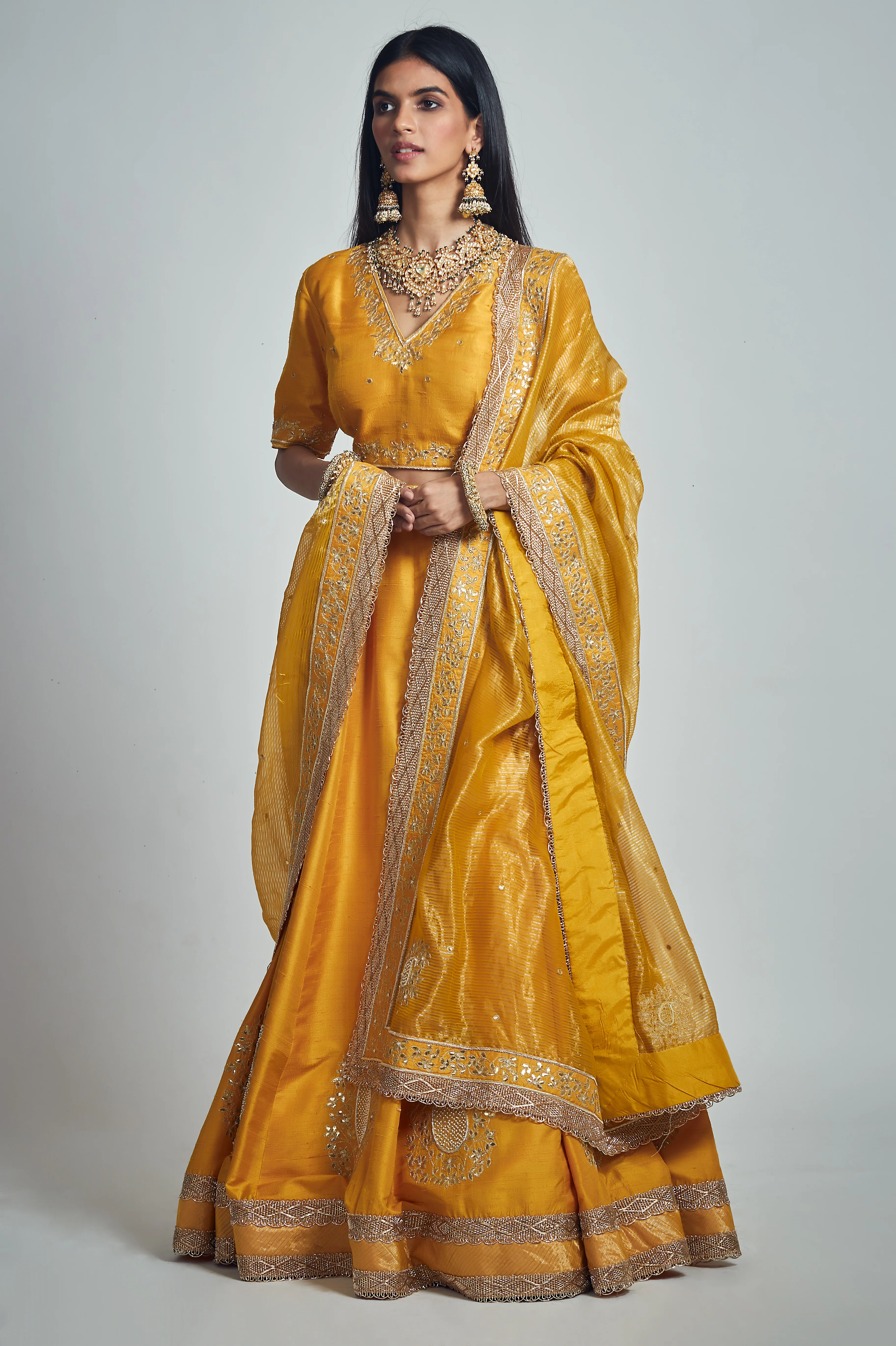 Razaana- Glaze Mustard Gota patti embroidered lehenga with blouse and dupatta - Image 4