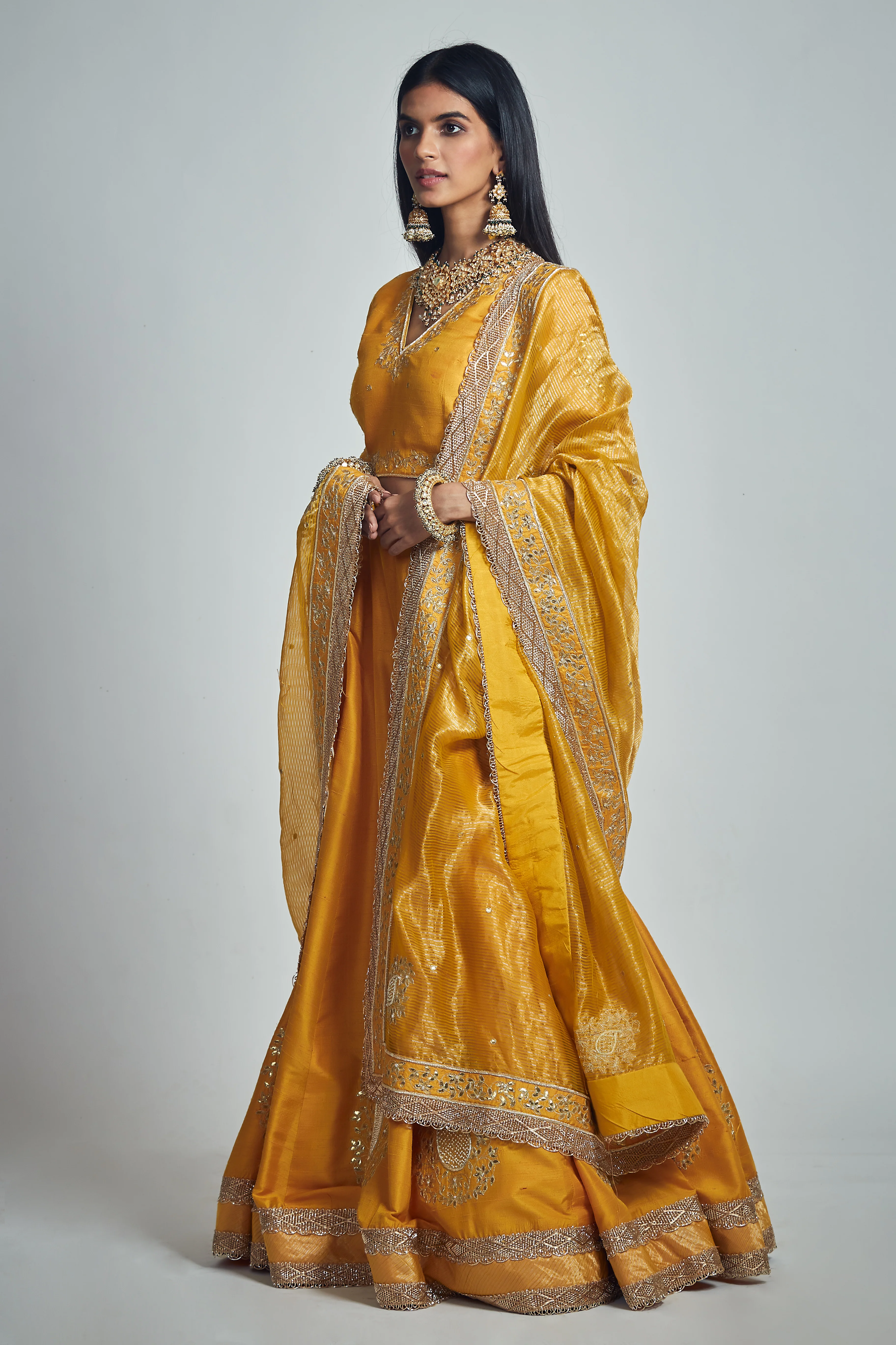 Razaana- Glaze Mustard Gota patti embroidered lehenga with blouse and dupatta - Image 5