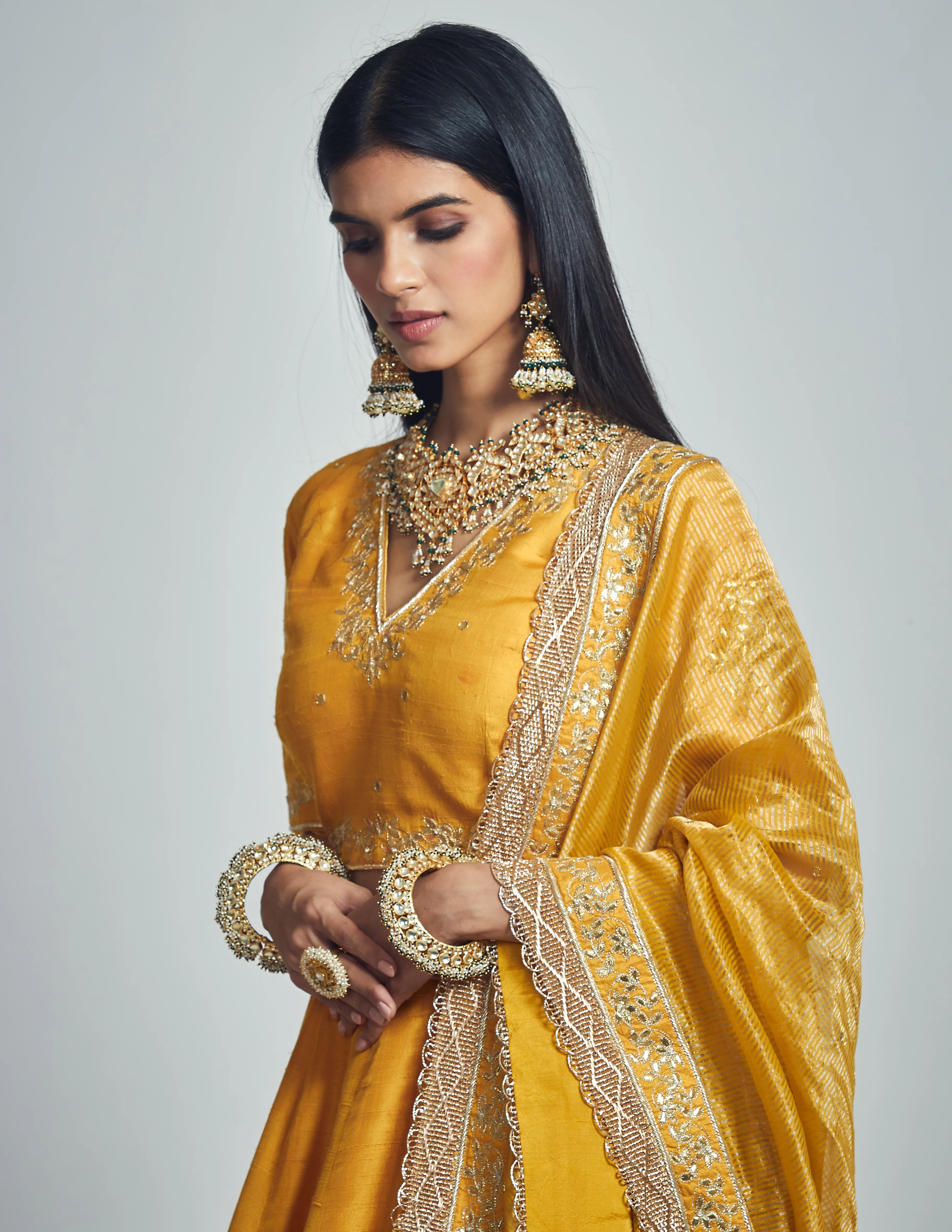 Razaana- Glaze Mustard Gota patti embroidered lehenga with blouse and dupatta - Image 6