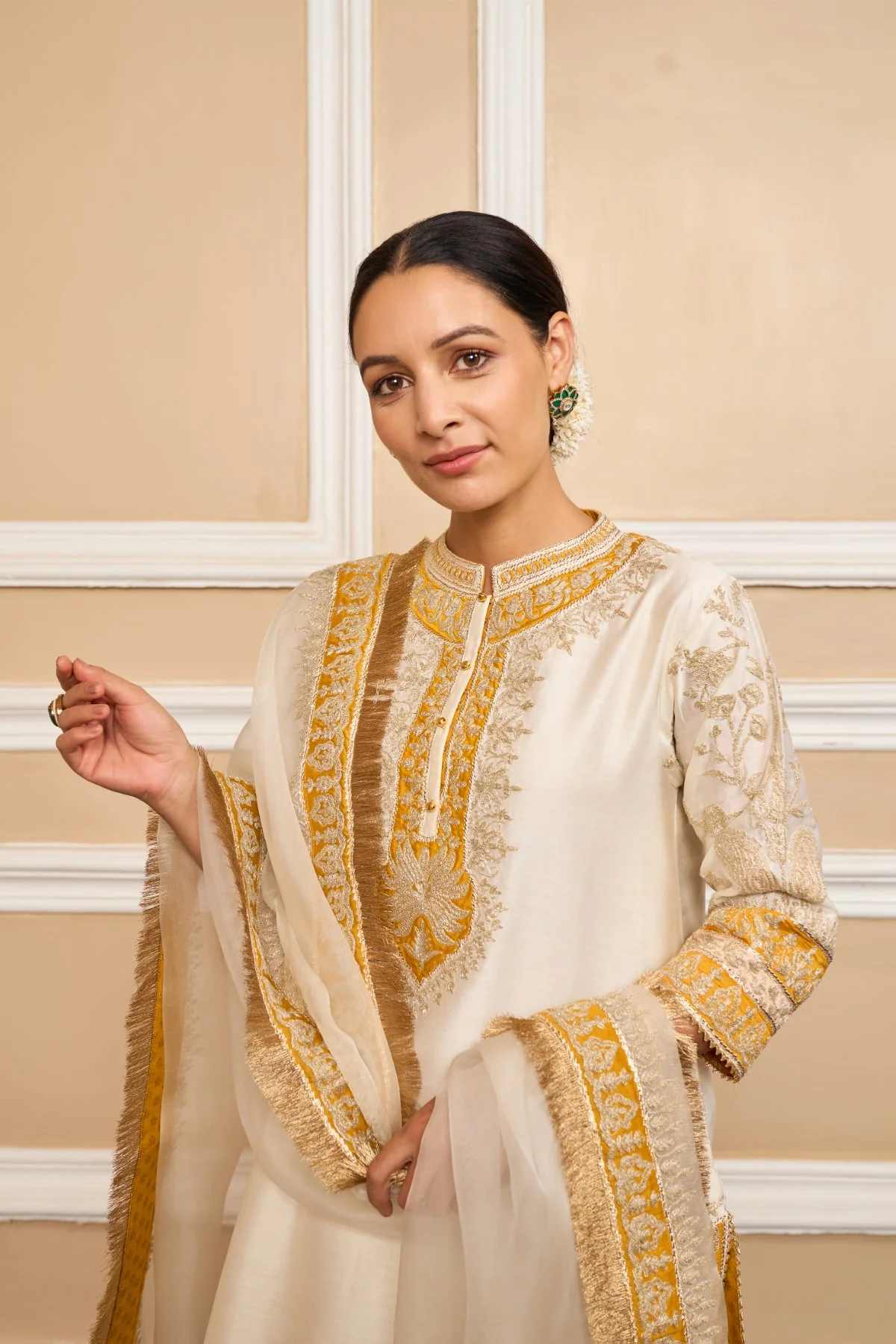 RESHAM - DAISY IVORY SHORT KURTA WITH SALWAR AND DUPATTA - Image 5