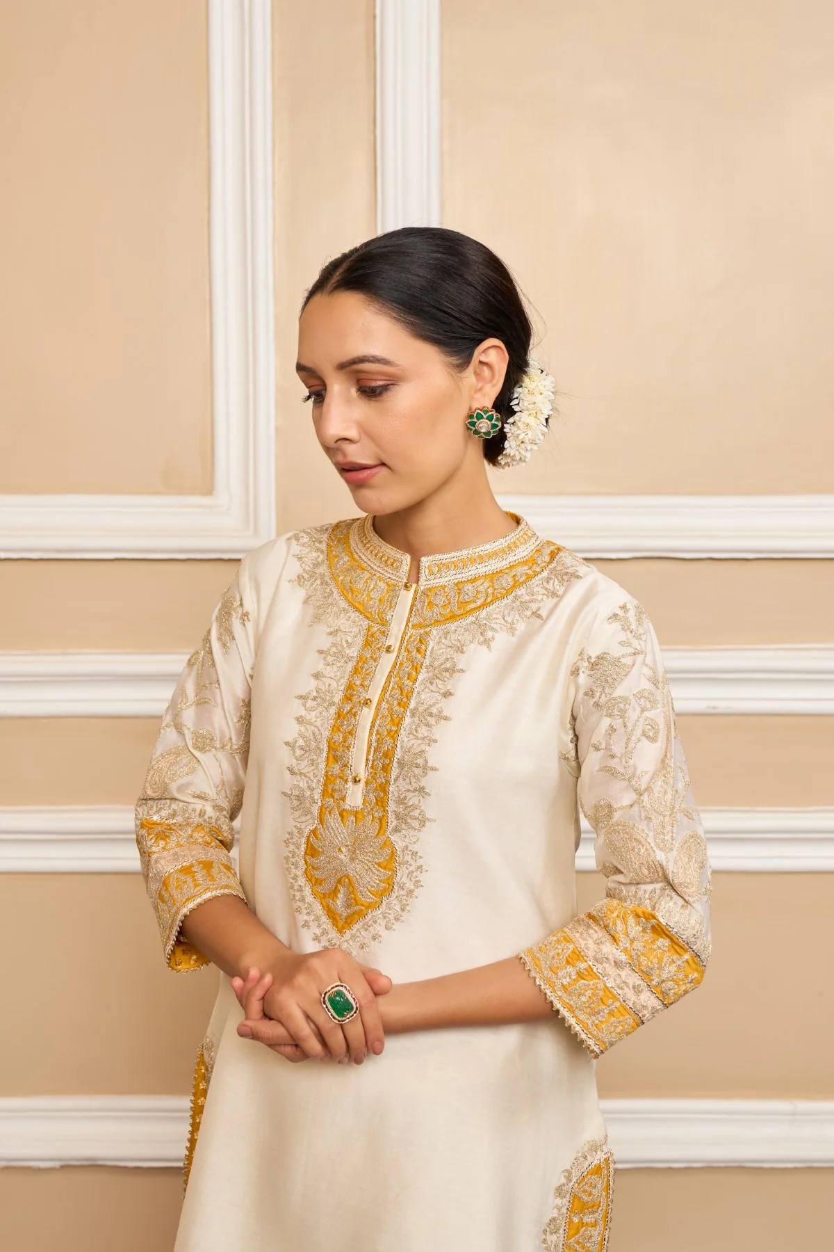 RESHAM - DAISY IVORY SHORT KURTA WITH SALWAR AND DUPATTA - Image 6