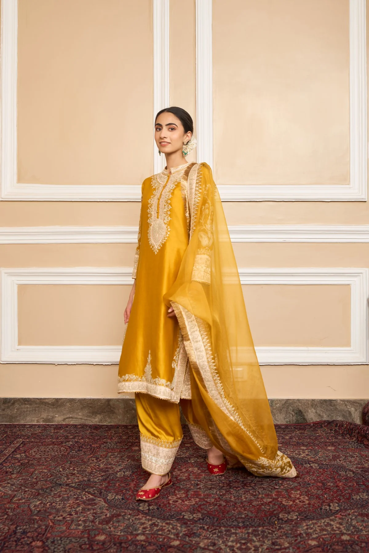 RUBINA DILAIK IN RESHAM - Glaze Mustard SHORT KURTA WITH SALWAR AND DUPATTA - Image 3