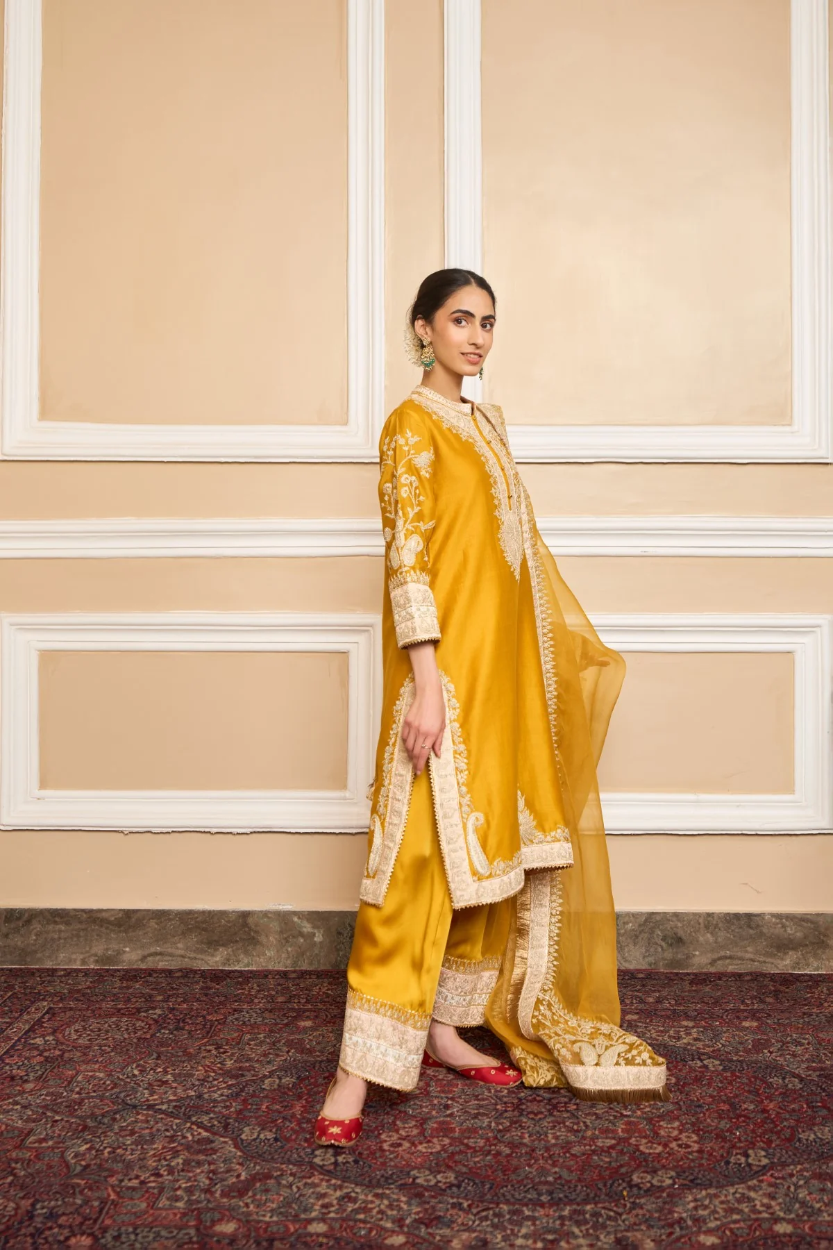 RUBINA DILAIK IN RESHAM - Glaze Mustard SHORT KURTA WITH SALWAR AND DUPATTA - Image 4