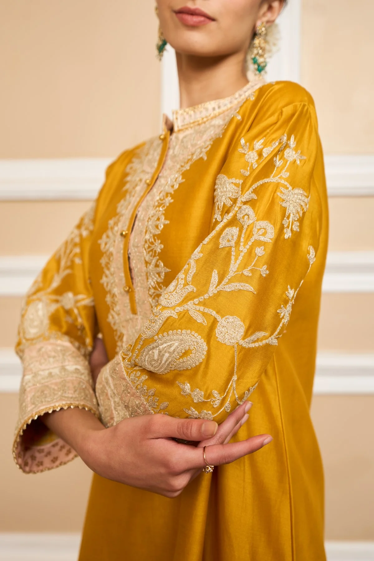 RUBINA DILAIK IN RESHAM - Glaze Mustard SHORT KURTA WITH SALWAR AND DUPATTA - Image 5