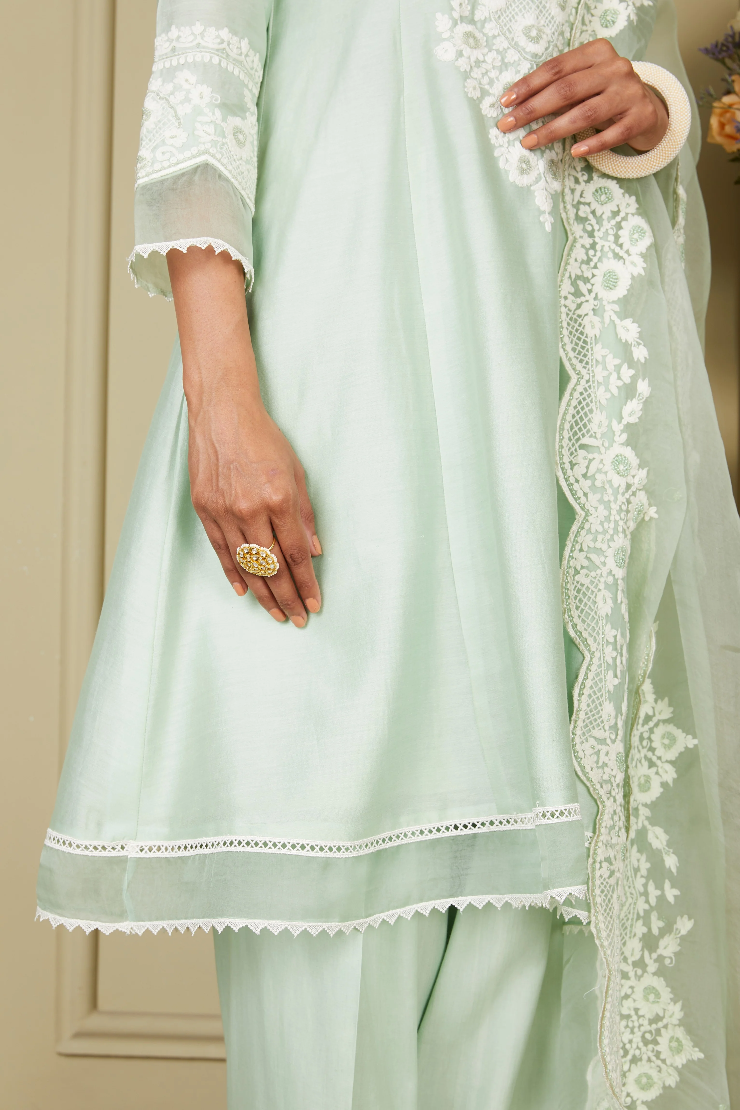 Ryhana - Frosty Green Princess-cut short kurta with salwar and dupatta - Image 10