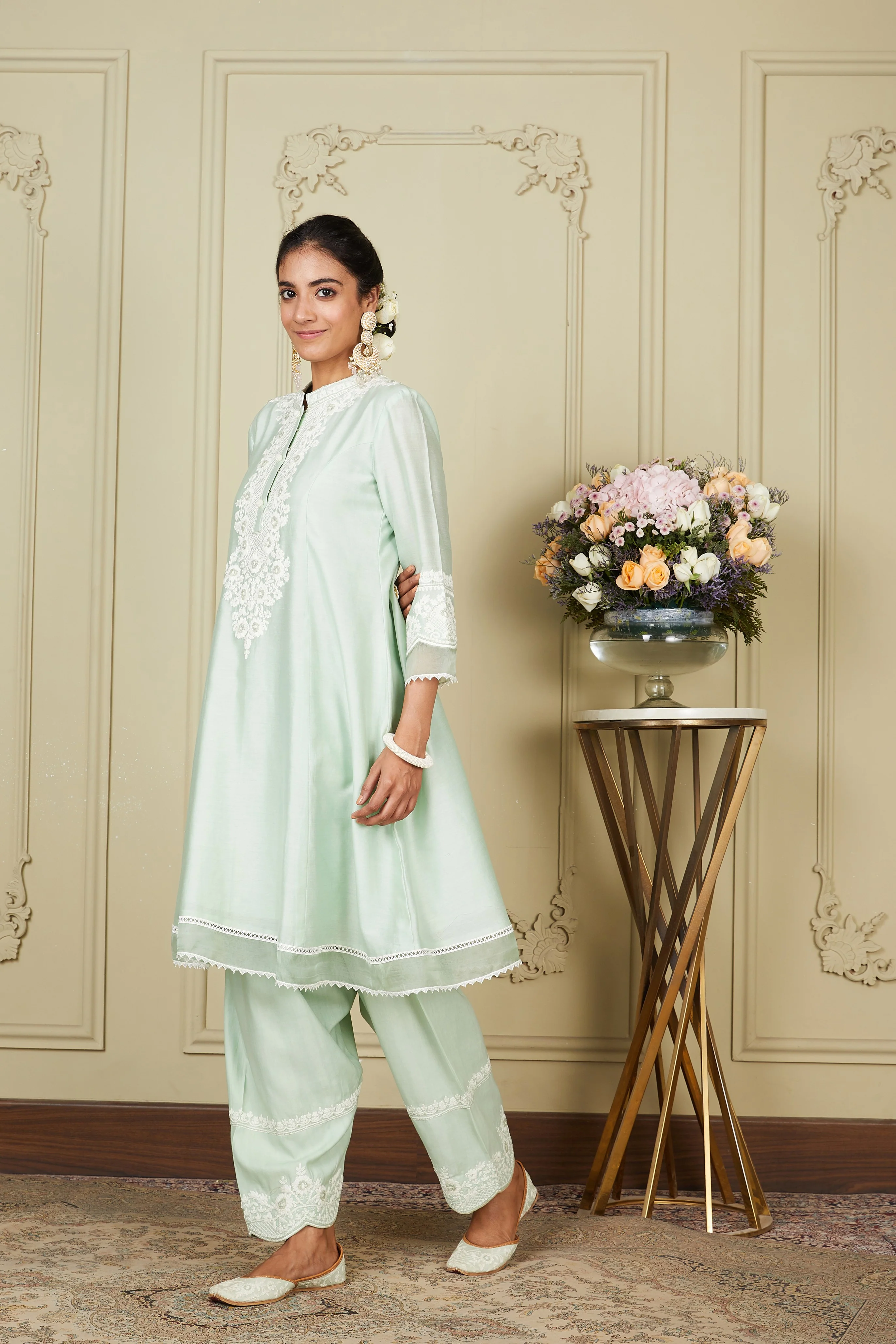 Ryhana - Frosty Green Princess-cut short kurta with salwar and dupatta - Image 4